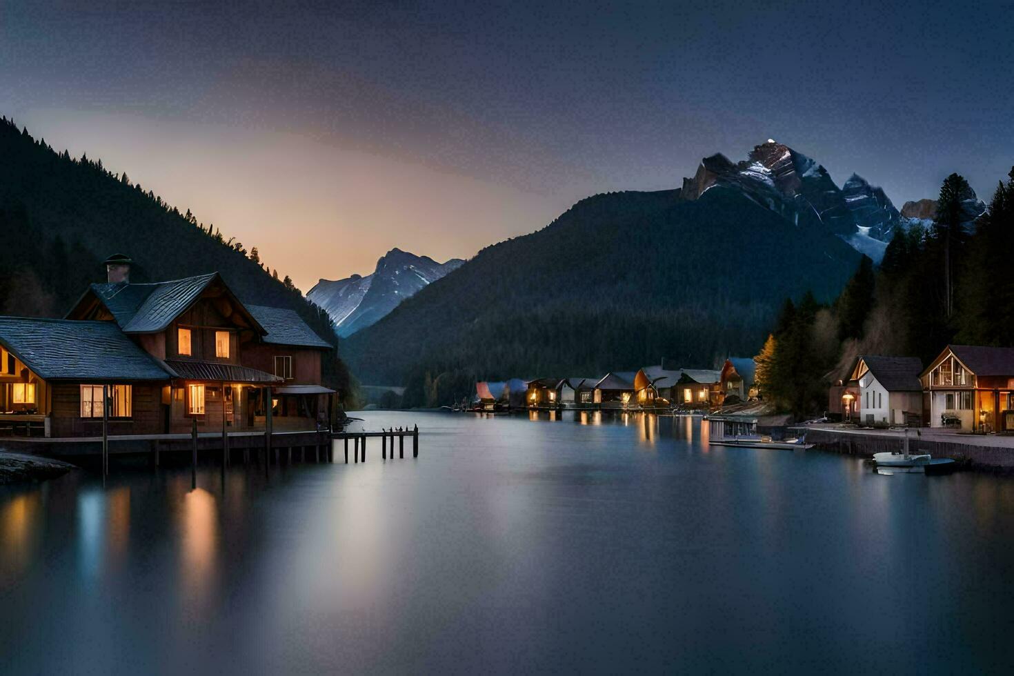 a lake and houses in the mountains at dusk. AI-Generated photo