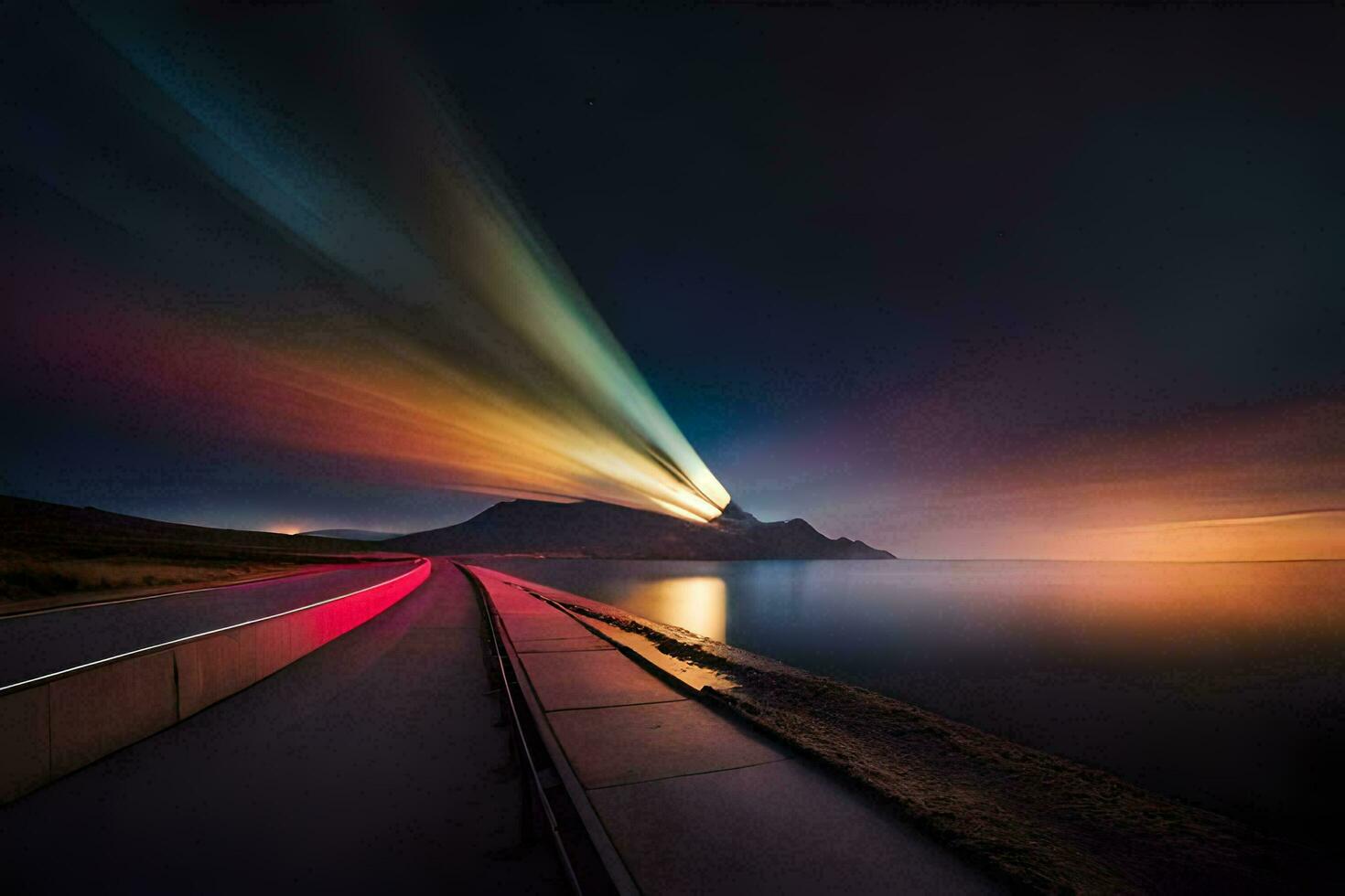 a long exposure photo of a road with a rainbow light. AI-Generated