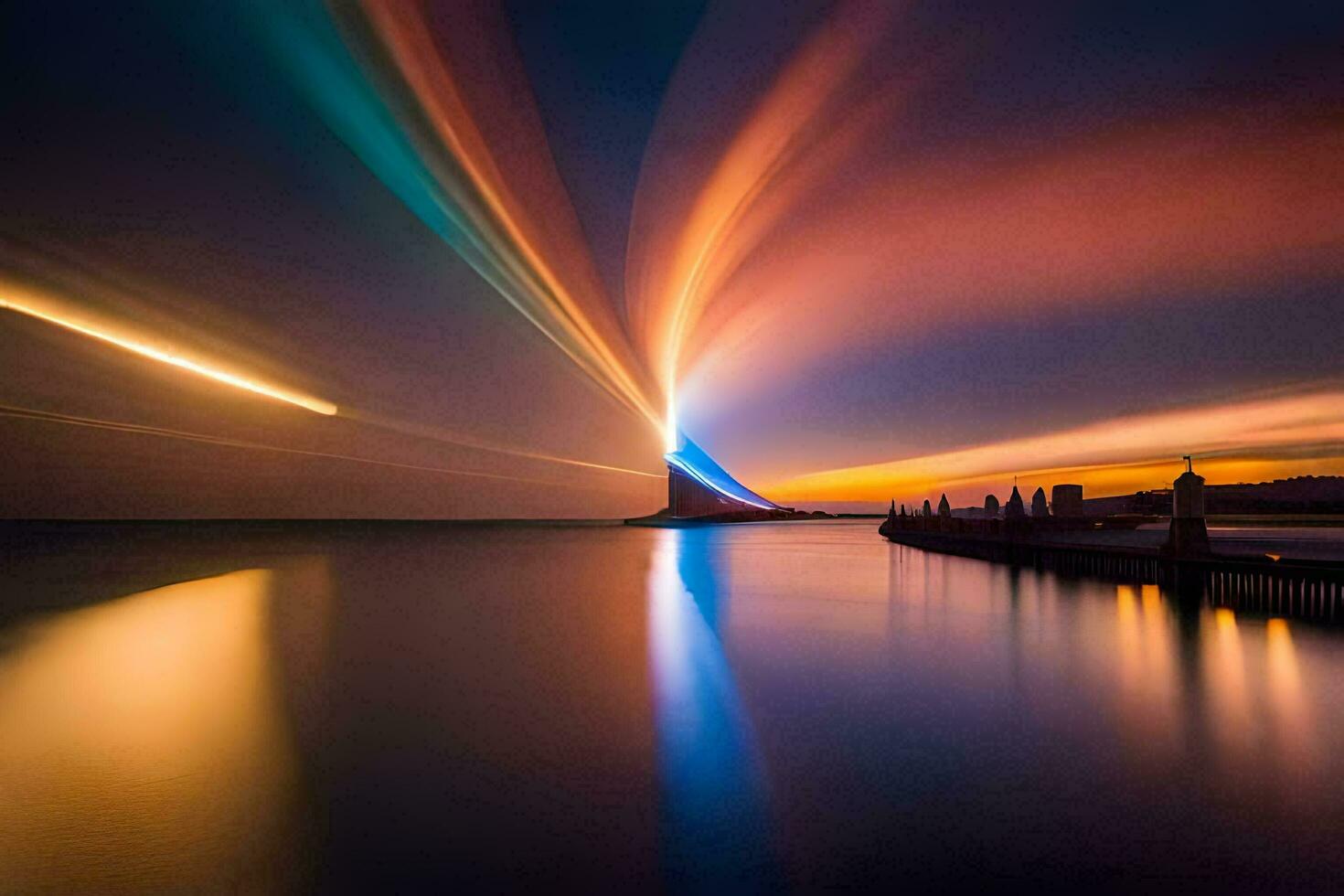 a long exposure photo of a bridge with light trails. AI-Generated