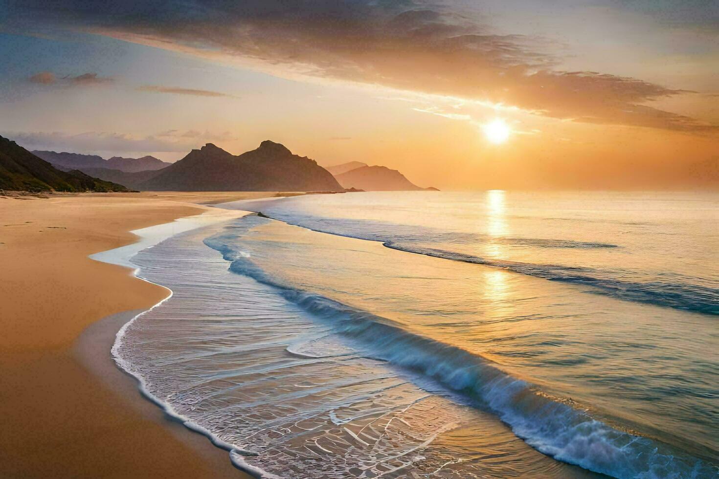 the sun rises over the ocean and the waves on the beach. AI-Generated photo