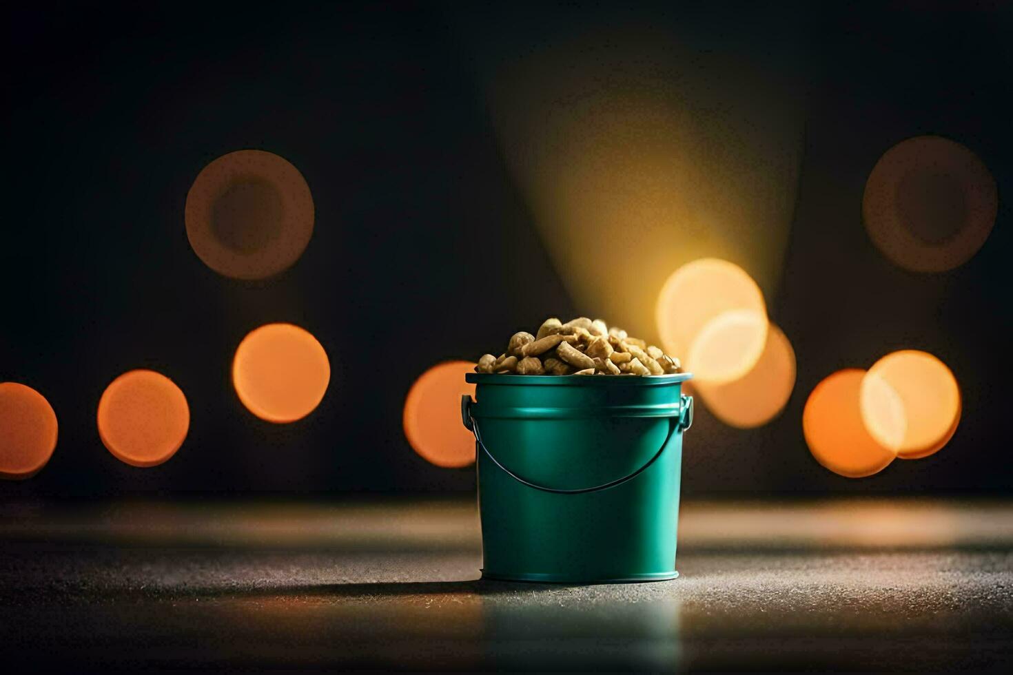 a bucket of peanuts on a table. AI-Generated photo
