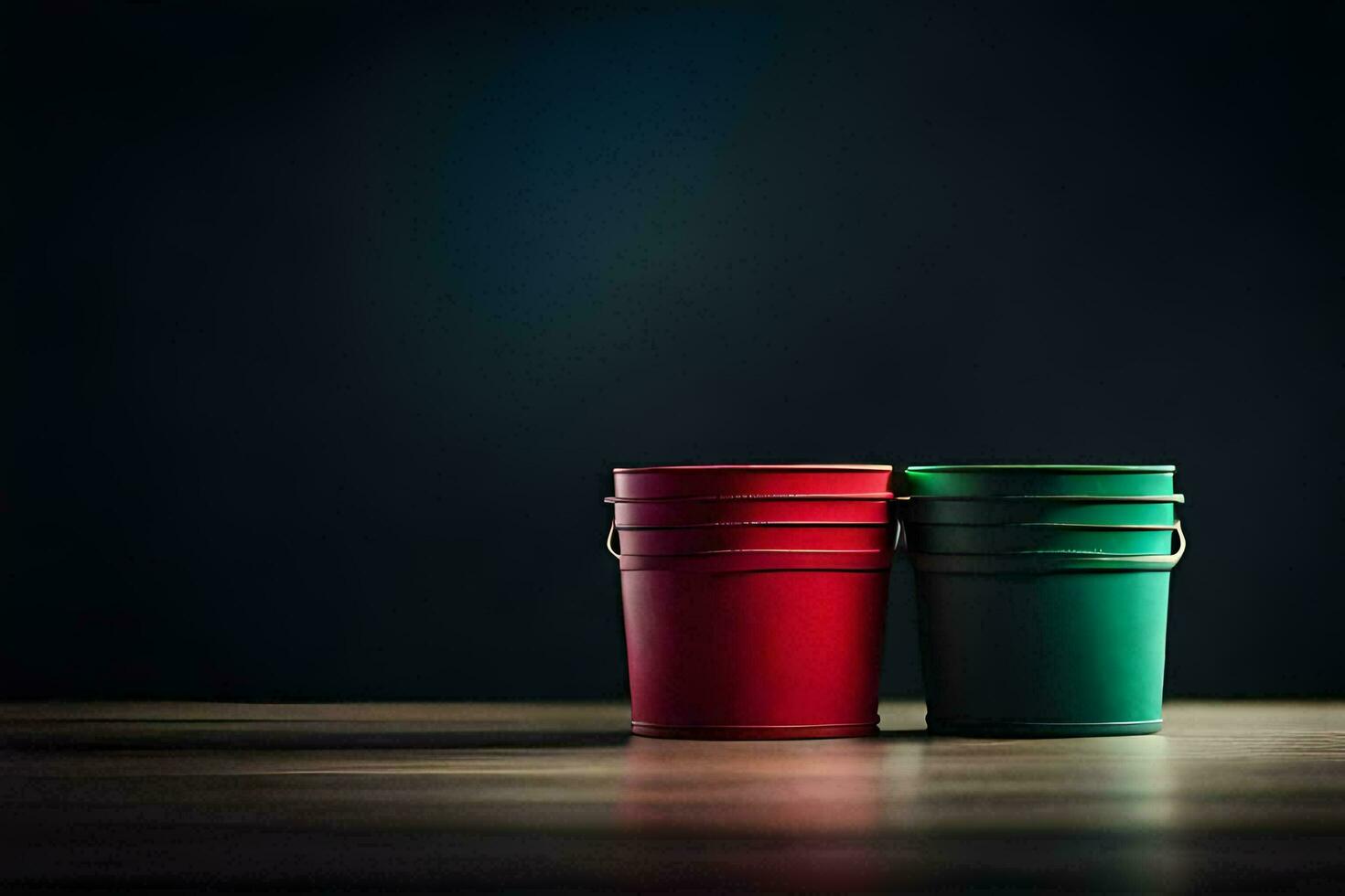 two red and green buckets on a dark table. AI-Generated photo