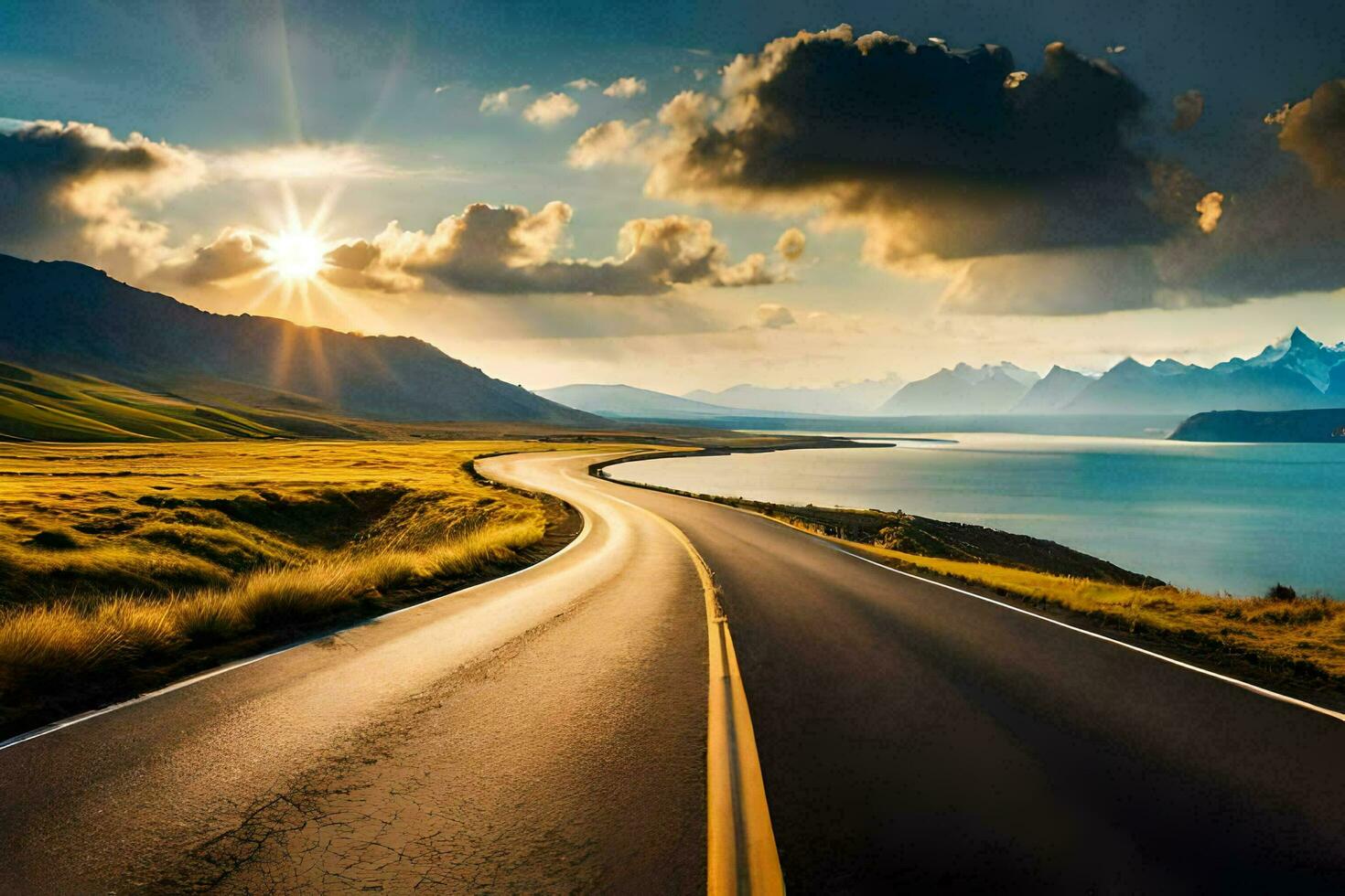 the sun shines over a road in the middle of a lake. AI-Generated photo