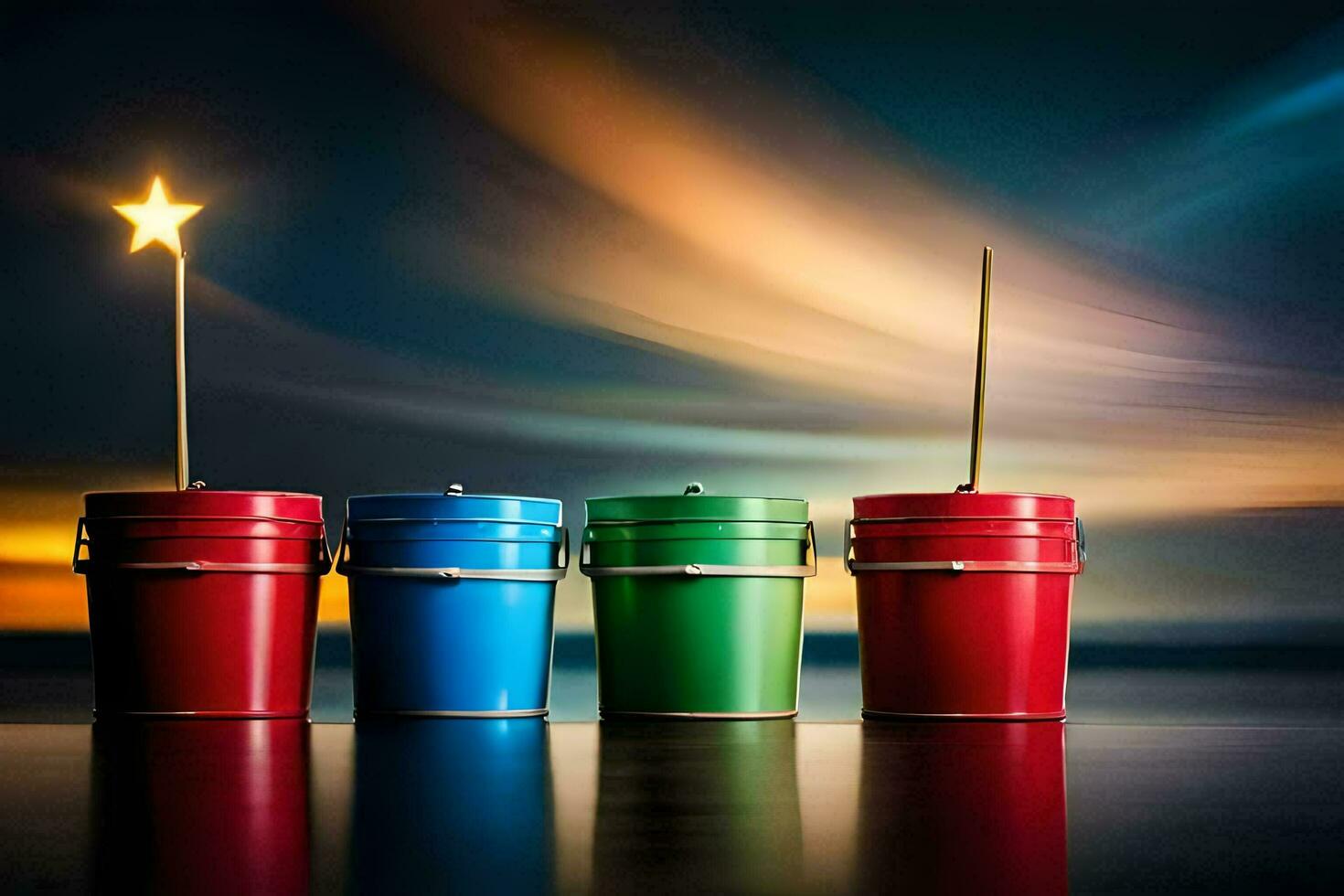 four colorful buckets with a star on top. AI-Generated photo