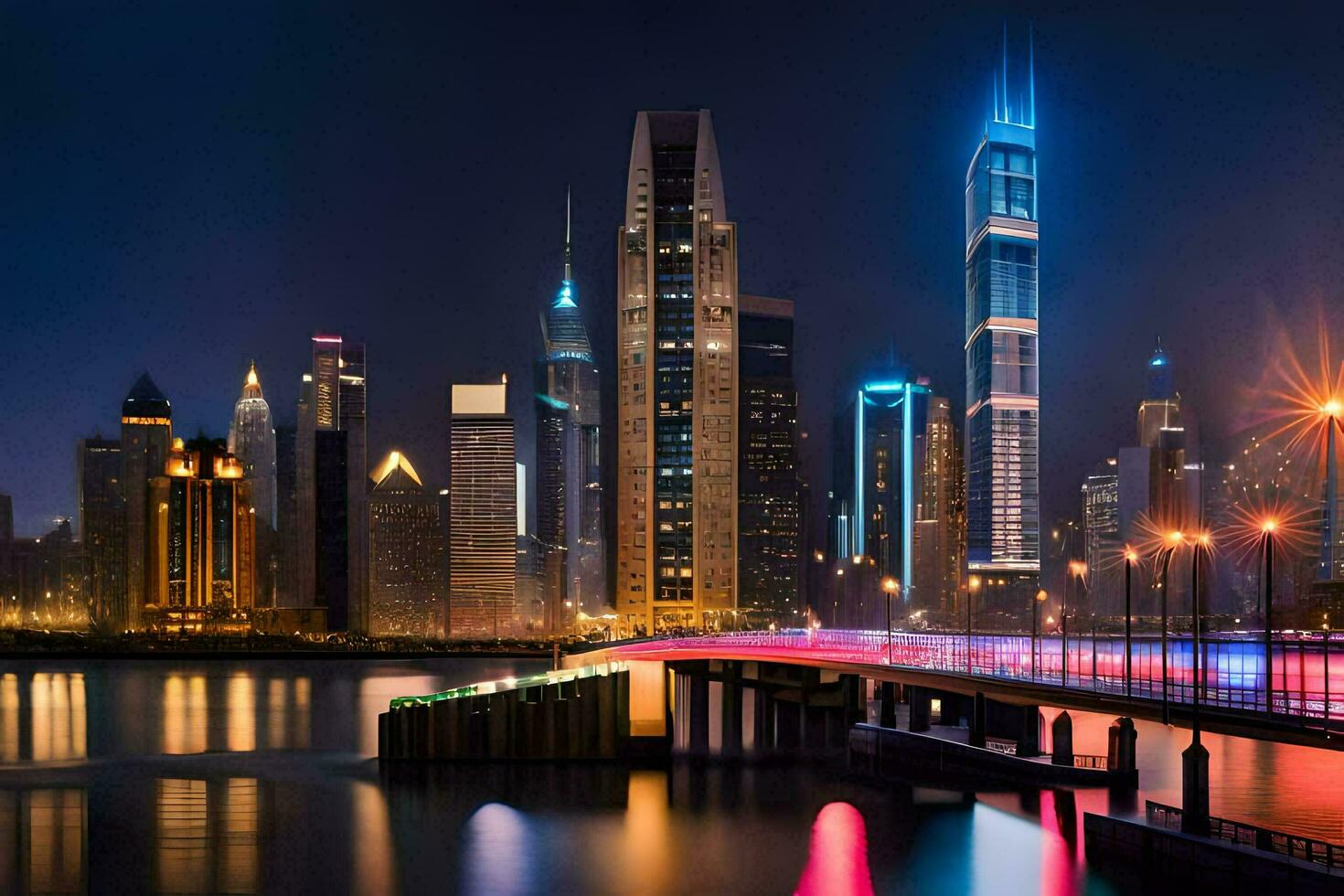 the city skyline at night with lights on. AI-Generated photo