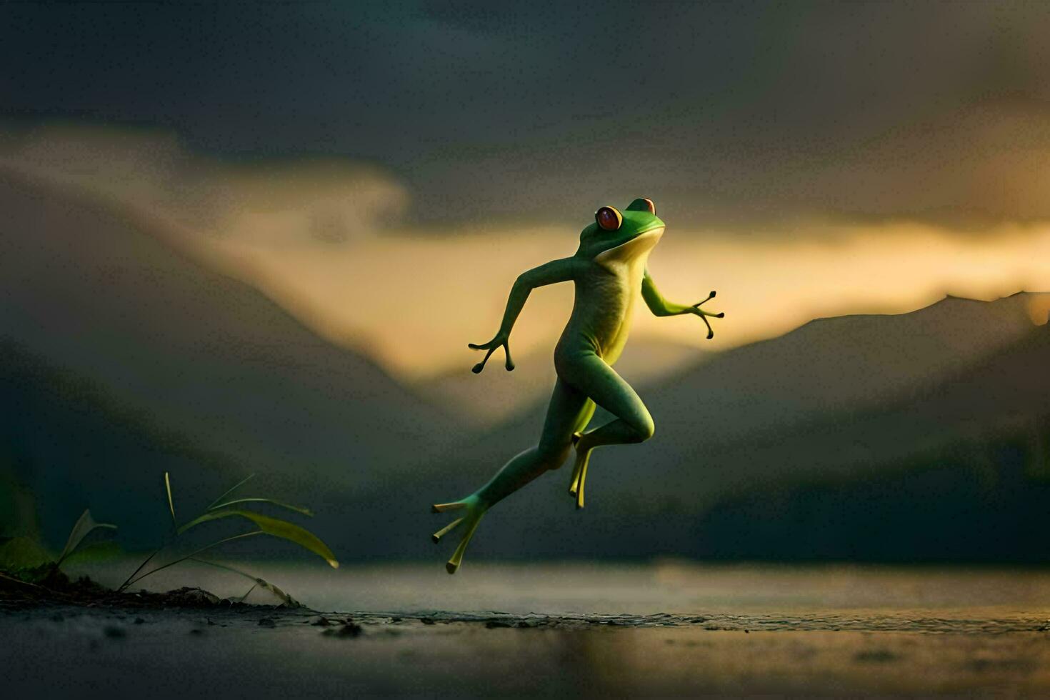 a frog jumping in the air over a lake. AI-Generated photo