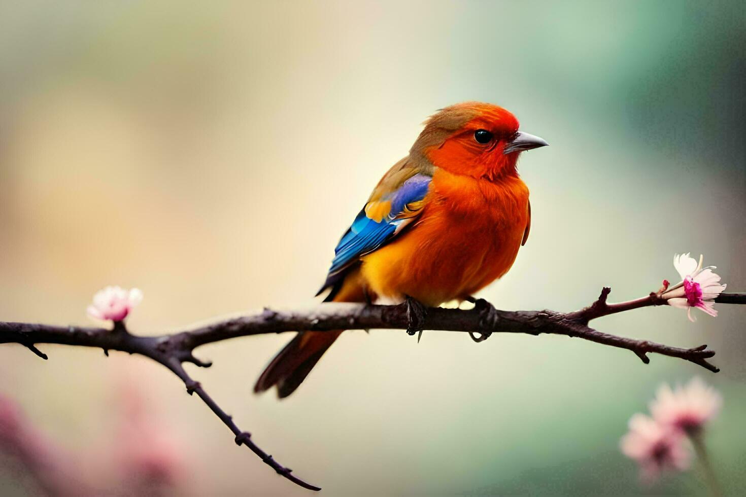 a colorful bird sits on a branch with pink flowers. AI-Generated photo