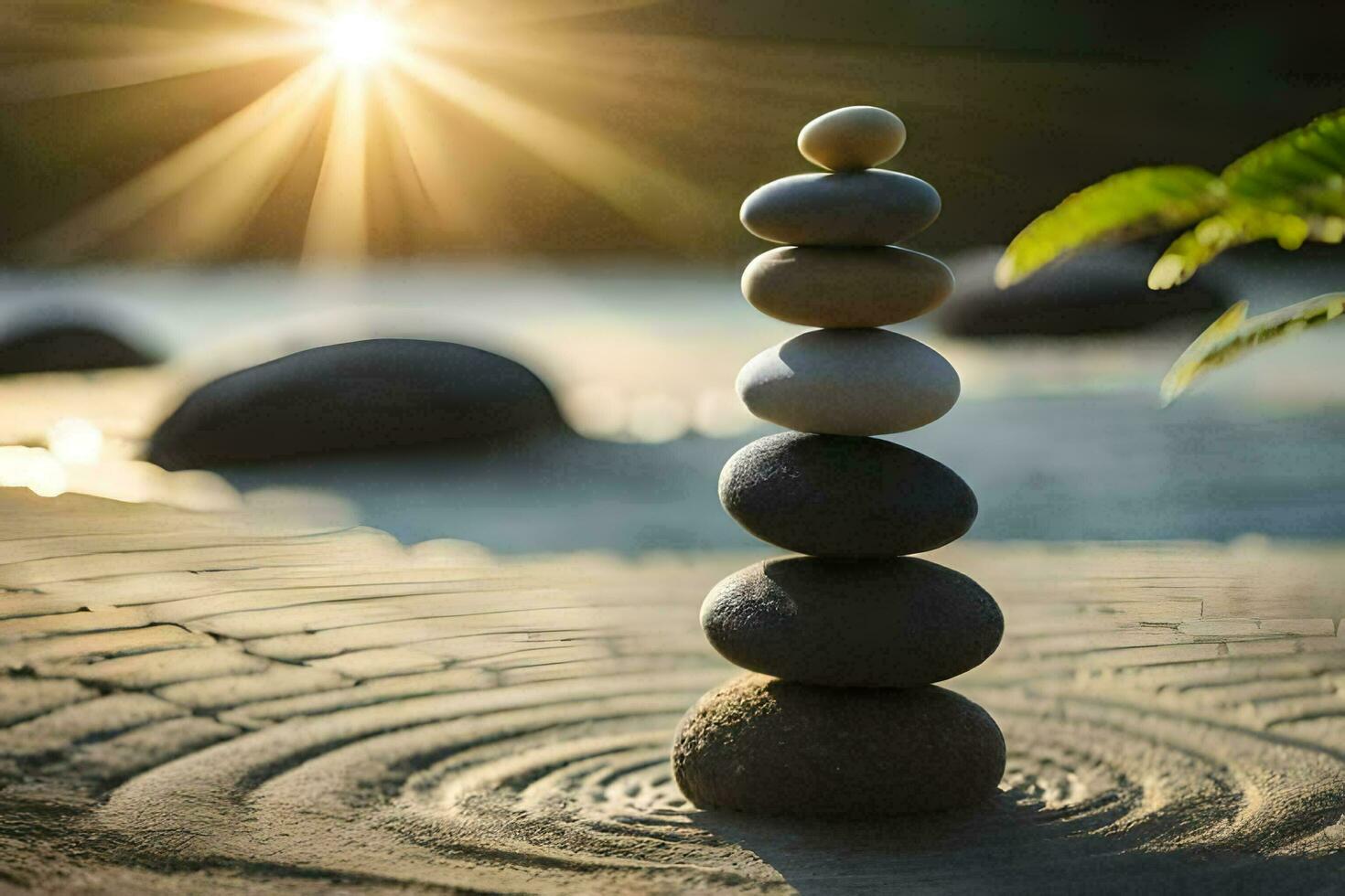 a stack of stones in the sand with the sun shining. AI-Generated photo