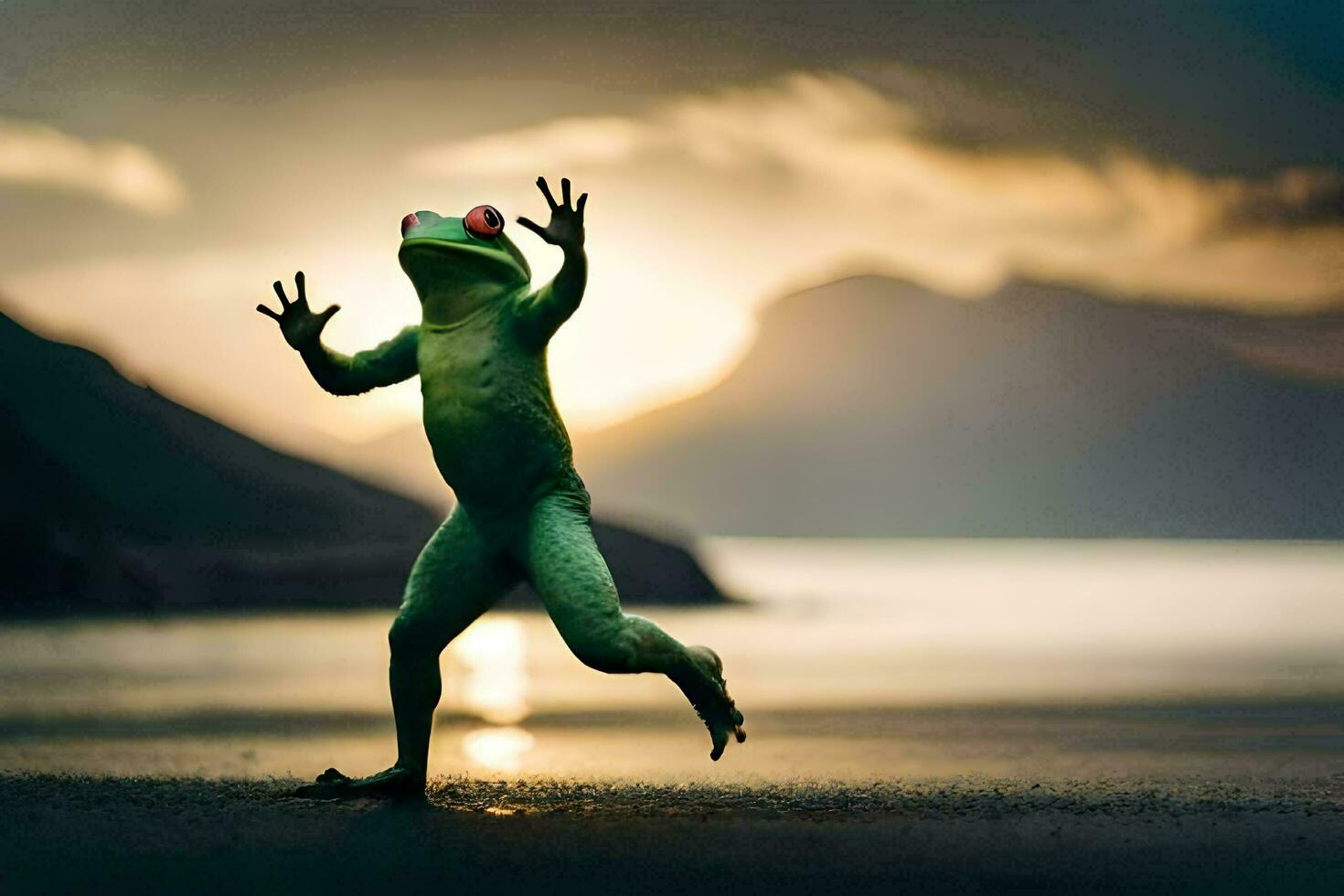 a frog jumping in the air with its arms outstretched. AI-Generated photo