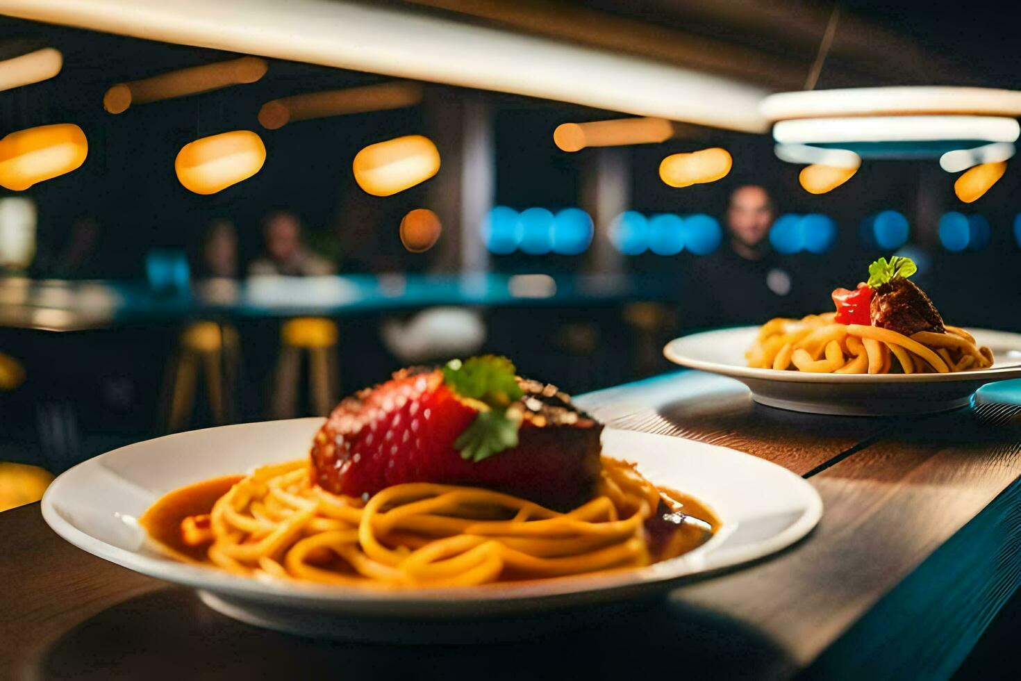 two plates of spaghetti with meat and strawberries. AI-Generated photo