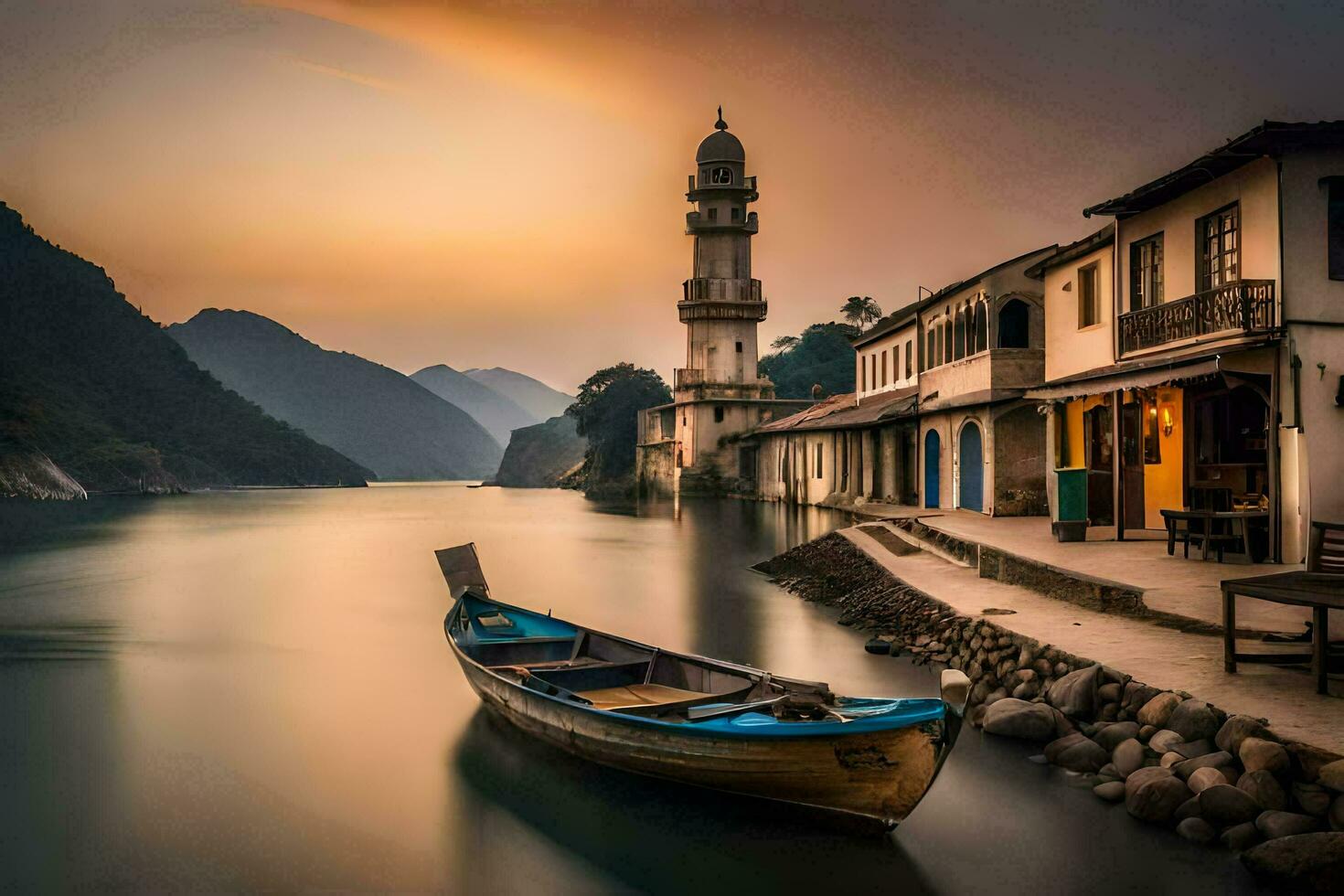 a boat sits on the water next to a mosque. AI-Generated photo