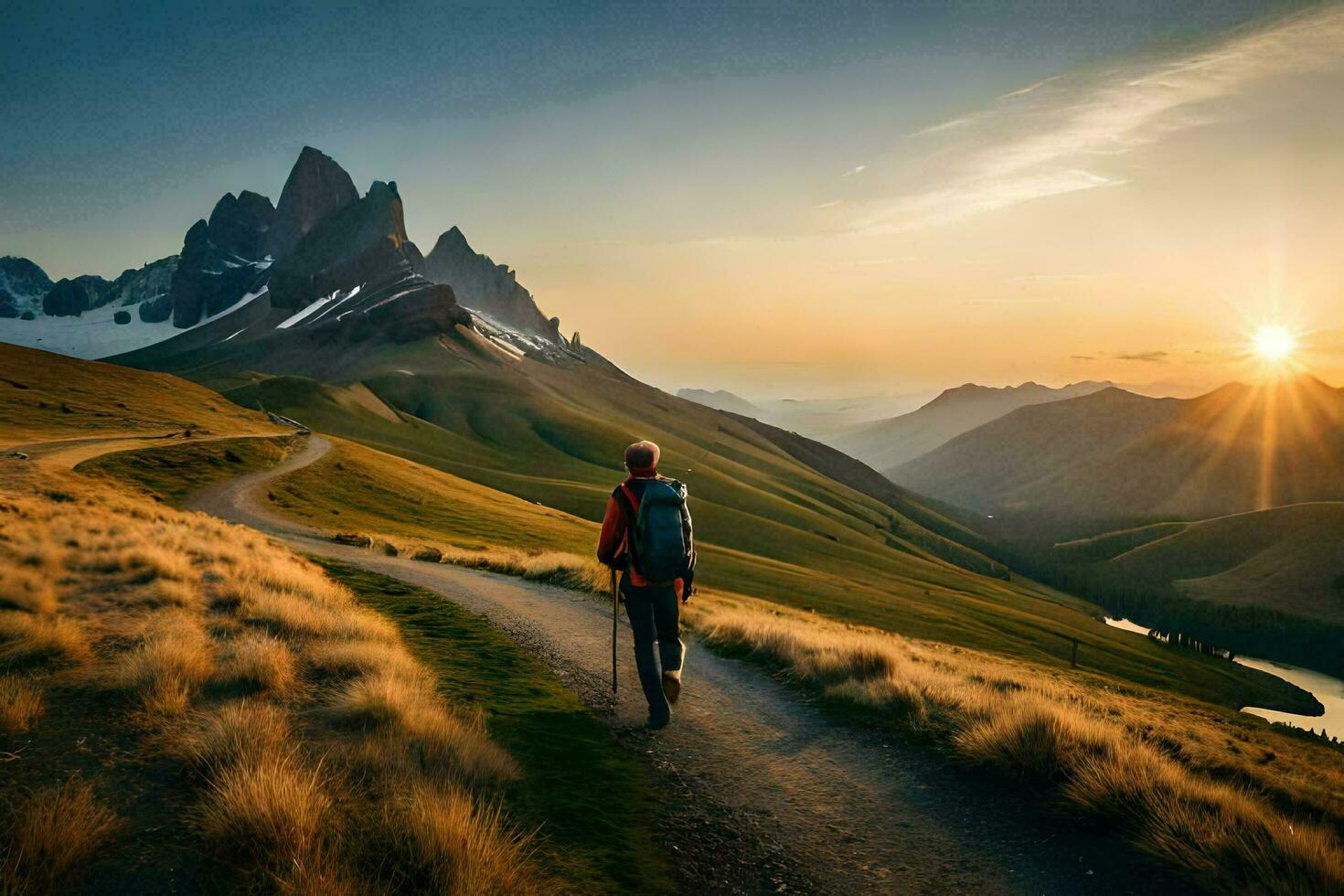 a man walking on a path in the mountains. AI-Generated photo