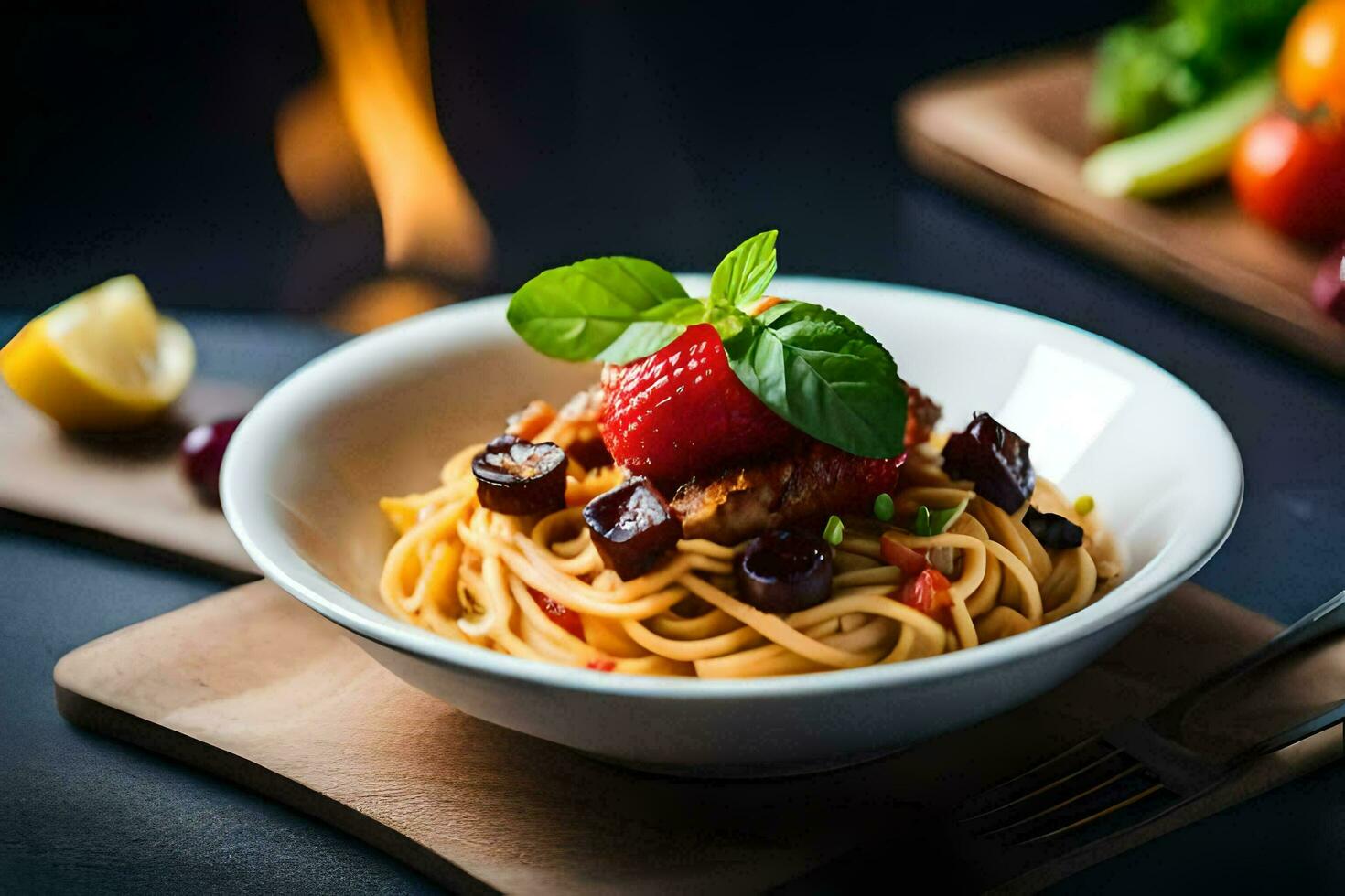 espaguetis con tomate, albahaca y aceituna aceite. generado por ai foto