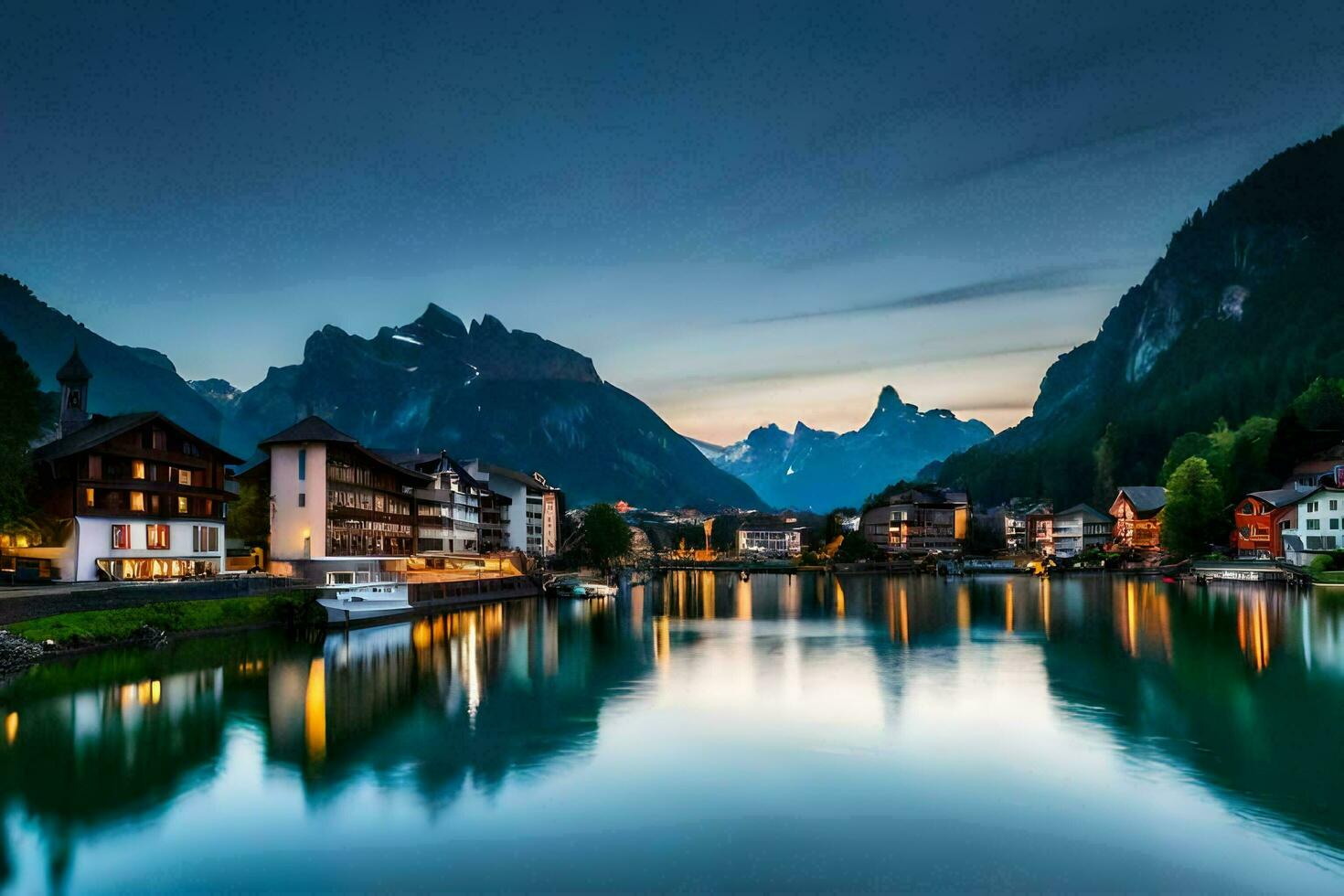 el pueblo de Altenburg en el Alpes a oscuridad. generado por ai foto