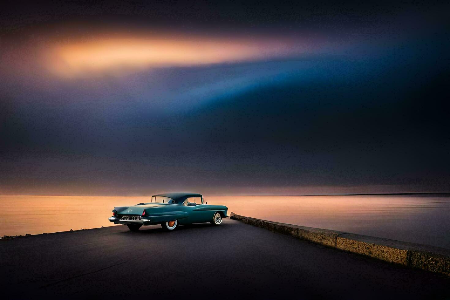 a classic car sits on the edge of the water at sunset. AI-Generated photo