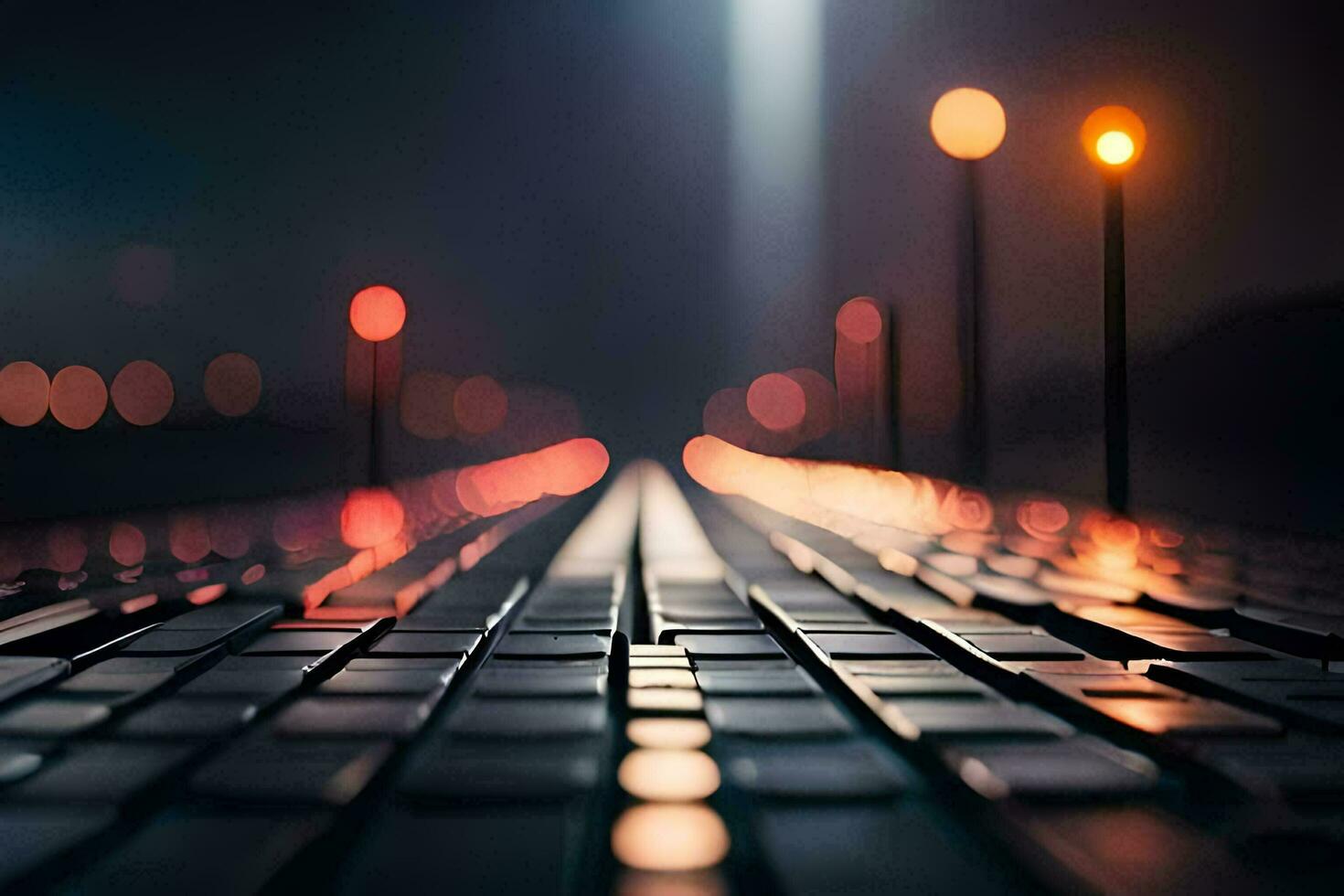 a long, dark road with lights in the background. AI-Generated photo