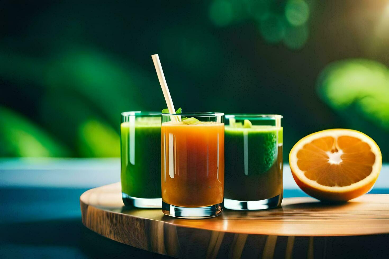 three glasses of juice on a wooden tray. AI-Generated photo