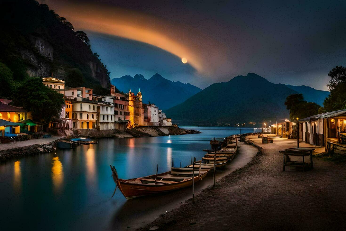 a boat sits on the shore of a lake at night. AI-Generated photo