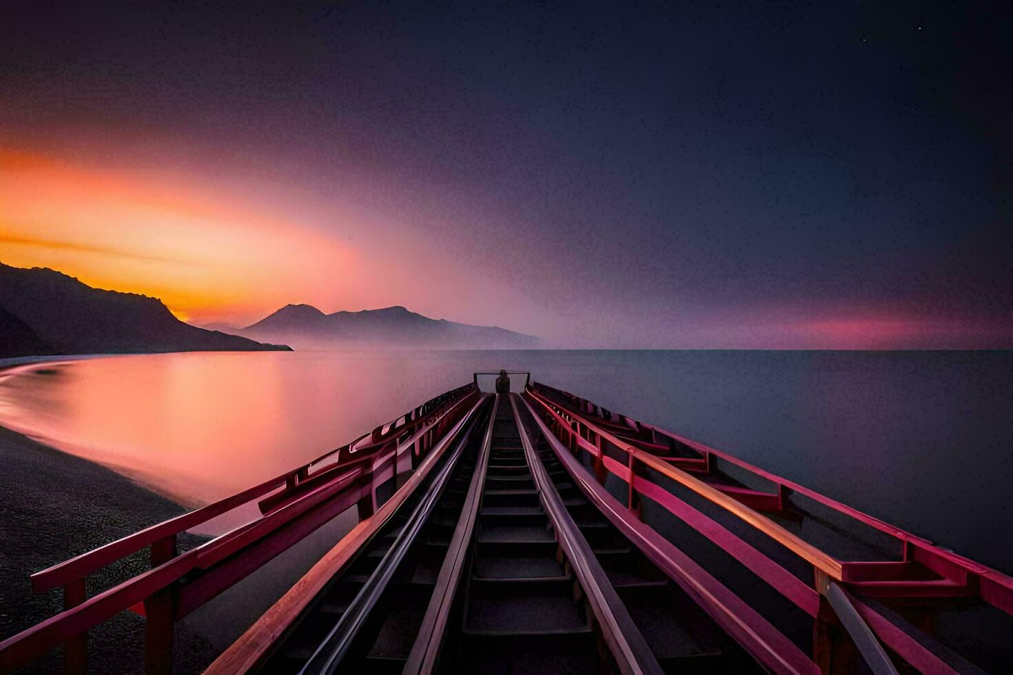 un largo muelle con un puesta de sol en el antecedentes. generado por ai foto