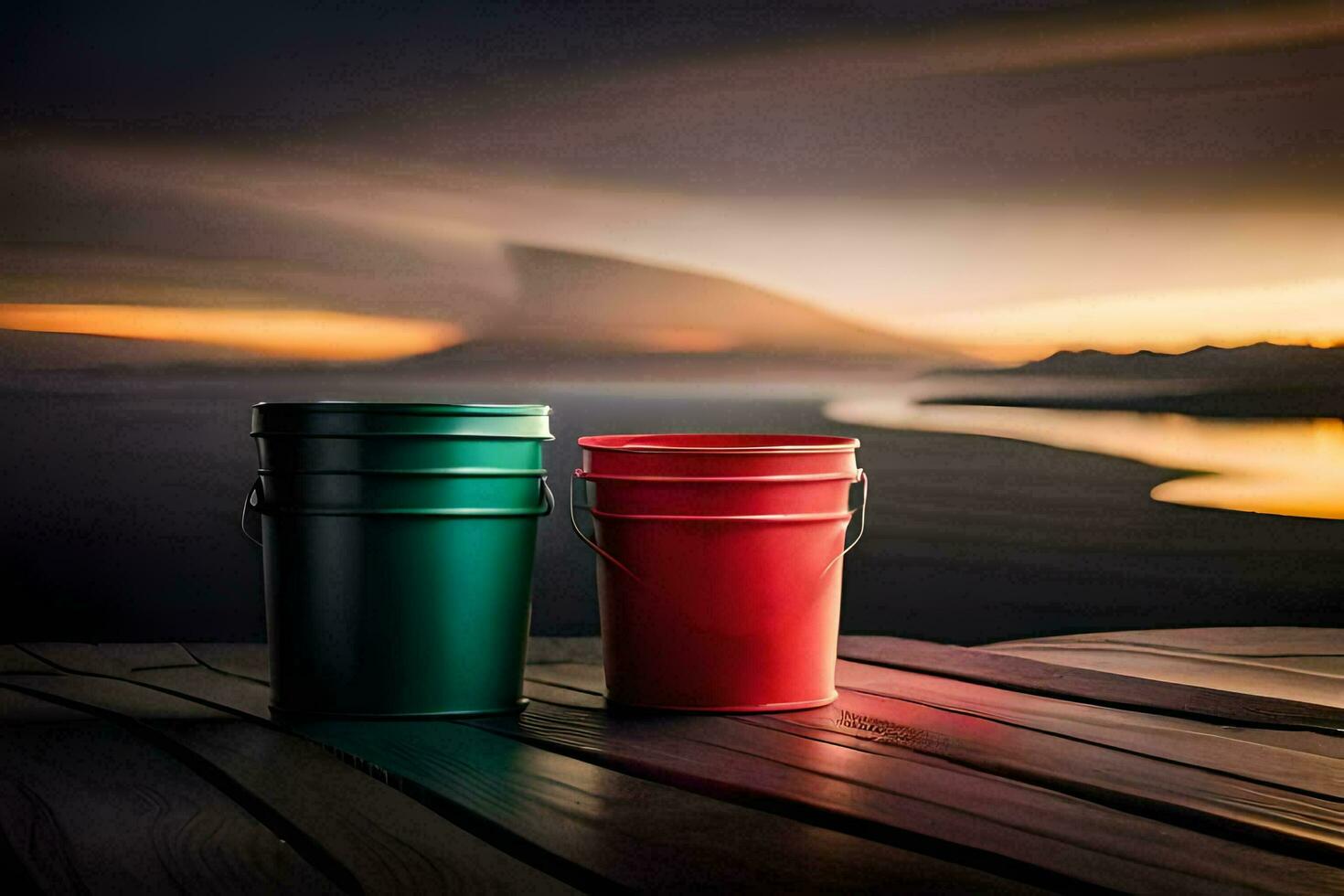 two red and green buckets sitting on a wooden deck. AI-Generated photo