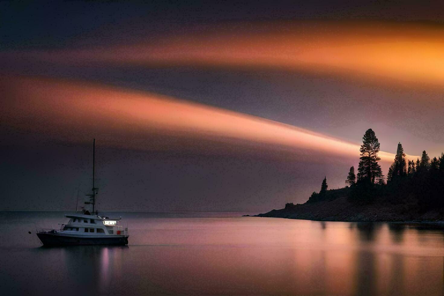 a boat is sailing in the ocean at sunset. AI-Generated photo