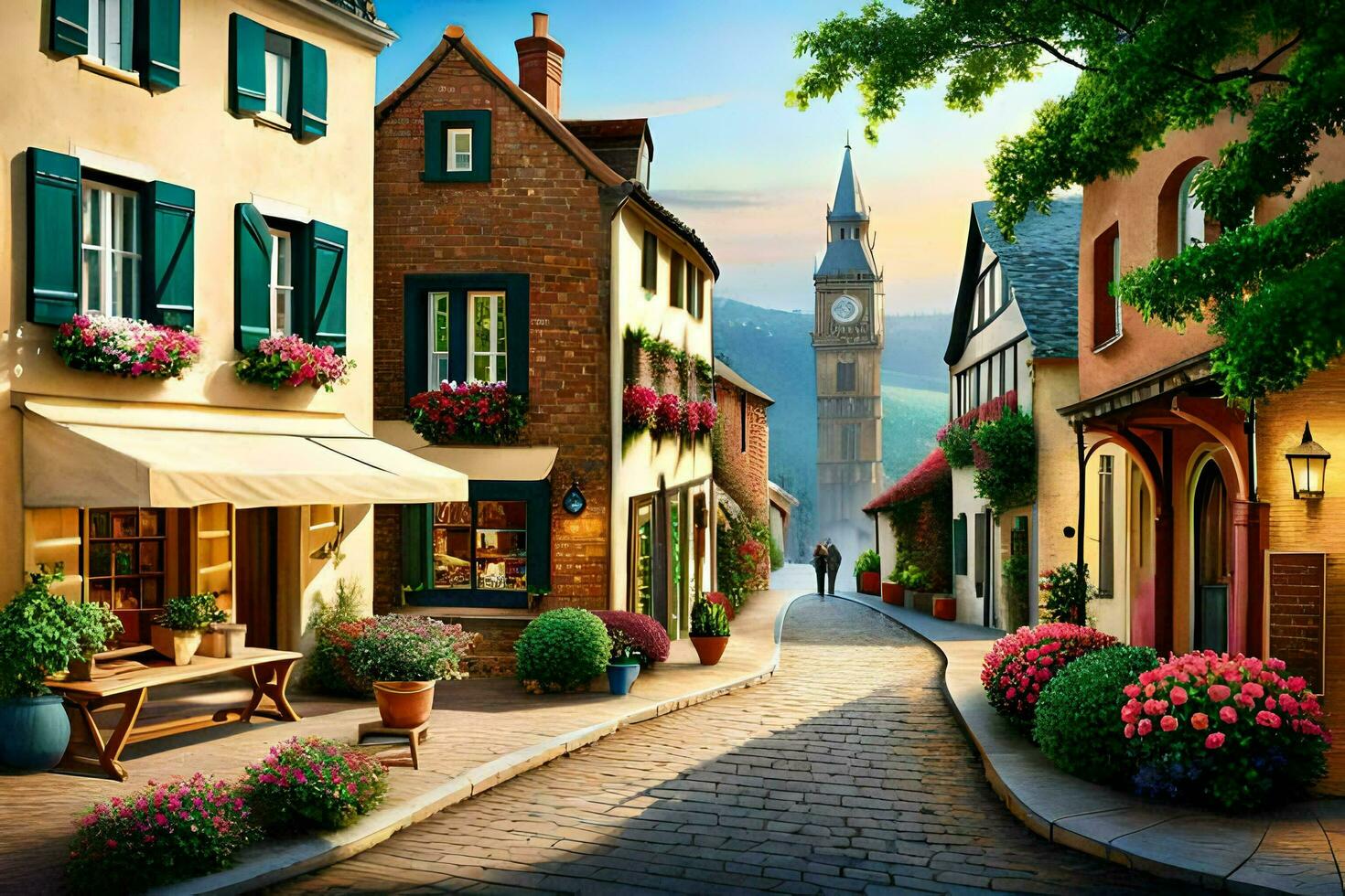 a painting of a street in a european town. AI-Generated photo