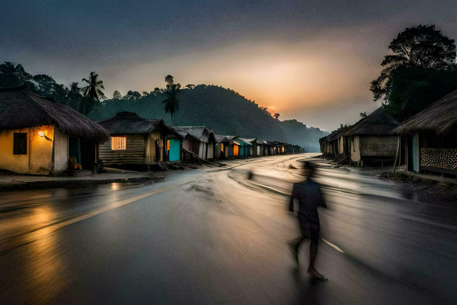 a boy runs through a wet road in front of a village. AI-Generated photo