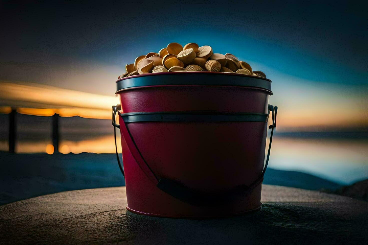 a bucket of peanuts sitting on a rock. AI-Generated photo