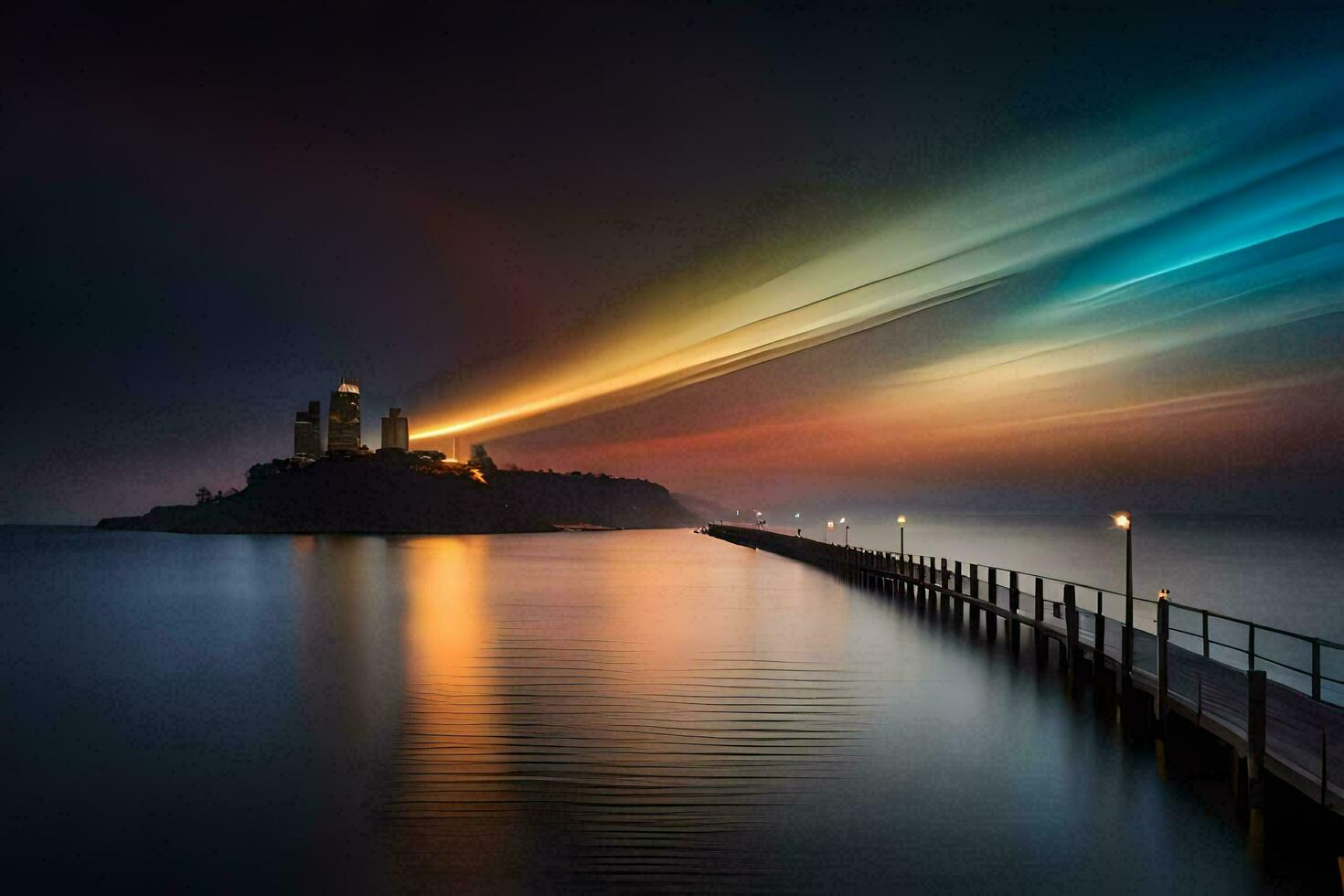 a long exposure photo of a lighthouse on the water. AI-Generated