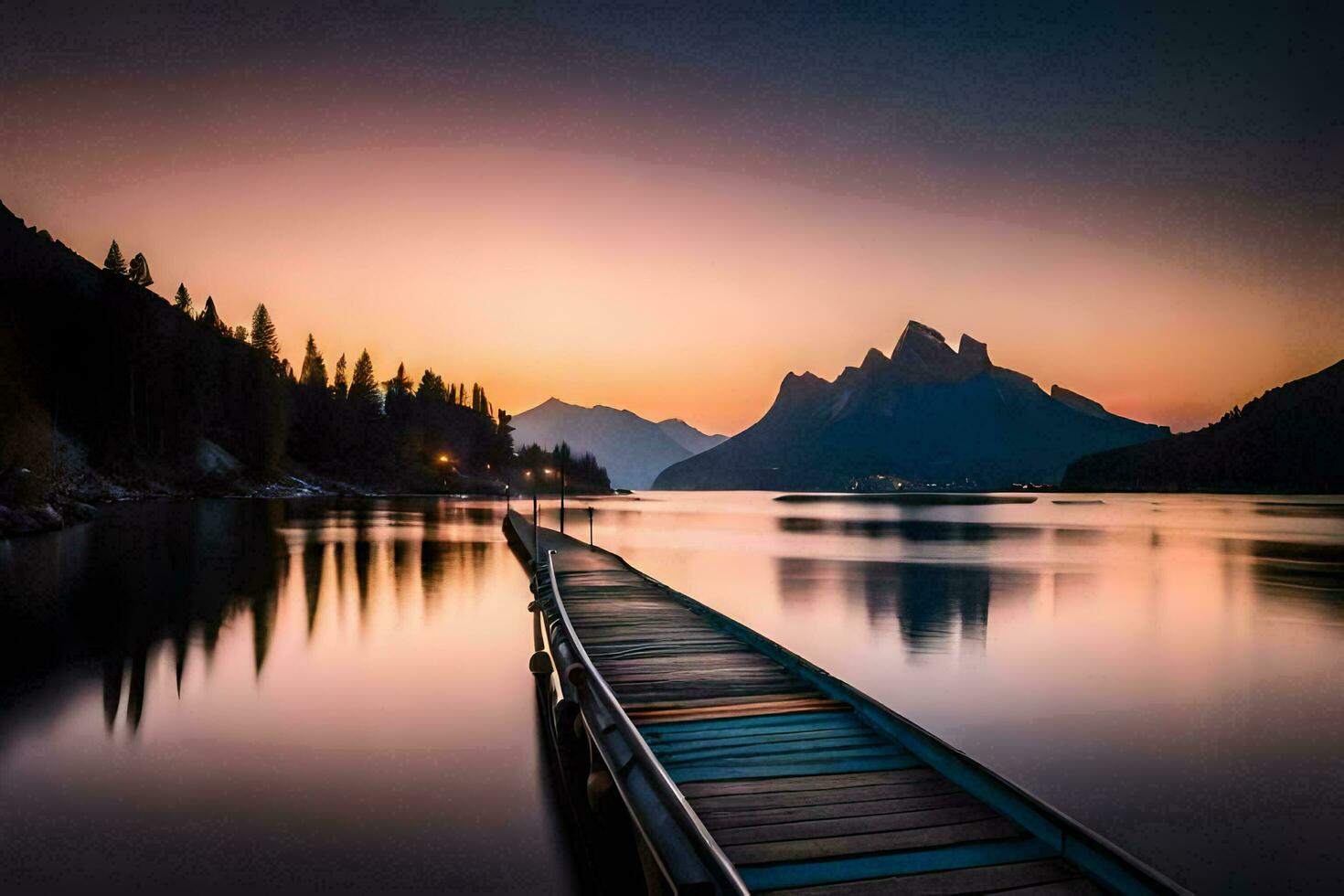 a wooden dock extends into the water at sunset. AI-Generated photo
