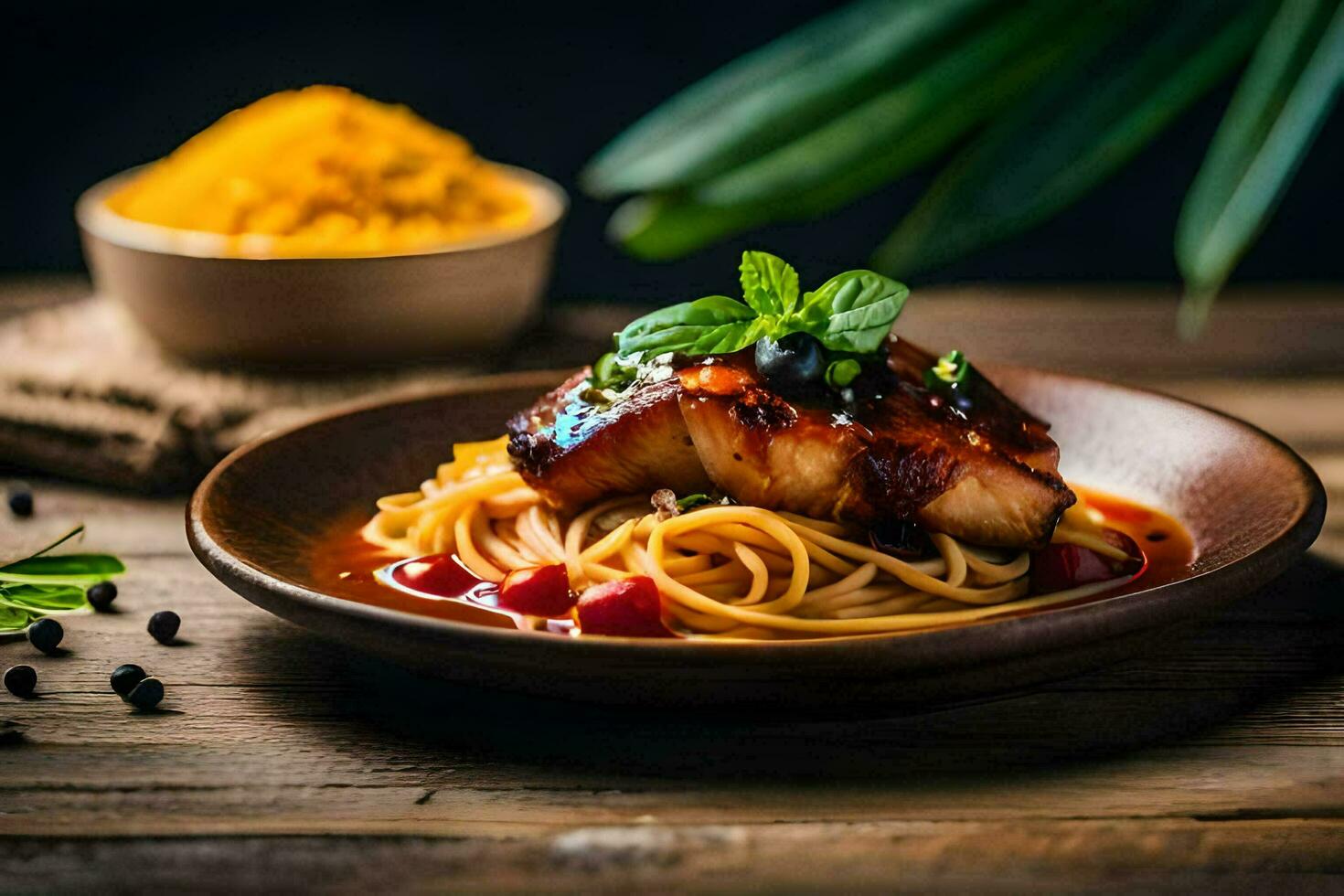chicken with spaghetti and sauce on a wooden table. AI-Generated photo