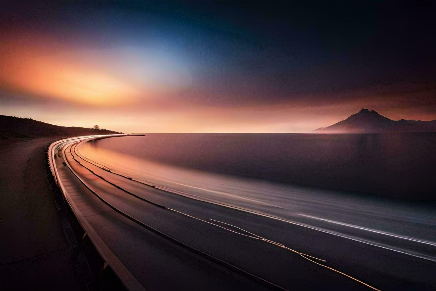 a long exposure photograph of a train going down a track. AI-Generated photo