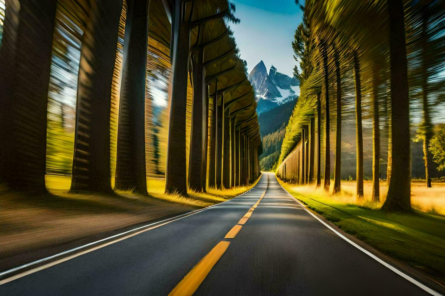 a road with trees and mountains in the background. AI-Generated photo