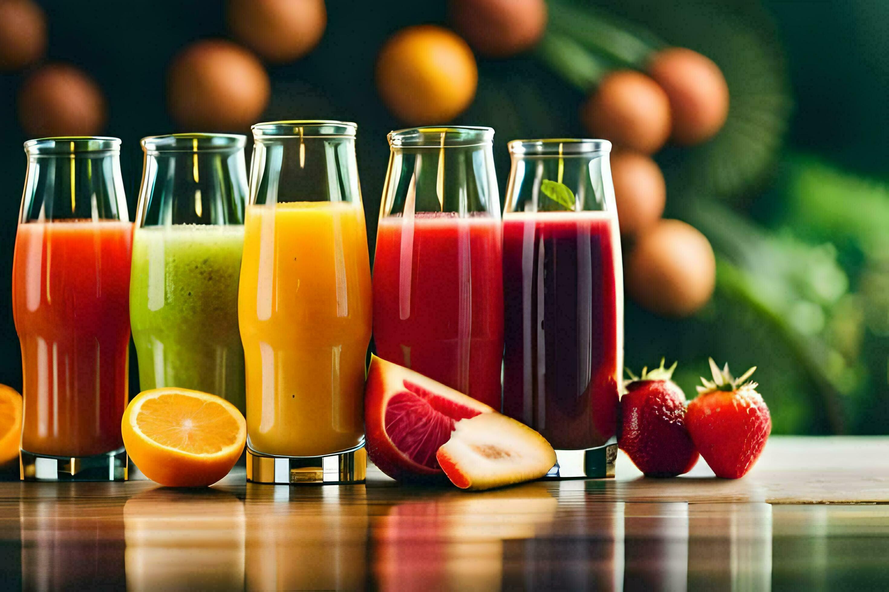 five different types of juices are shown in glasses. AIGenerated