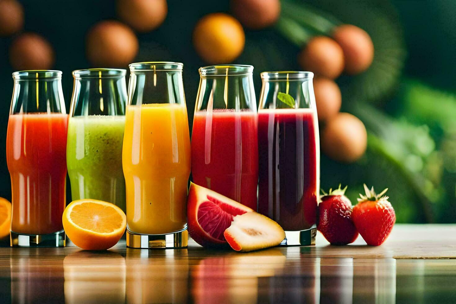 five different types of juices are shown in glasses. AIGenerated