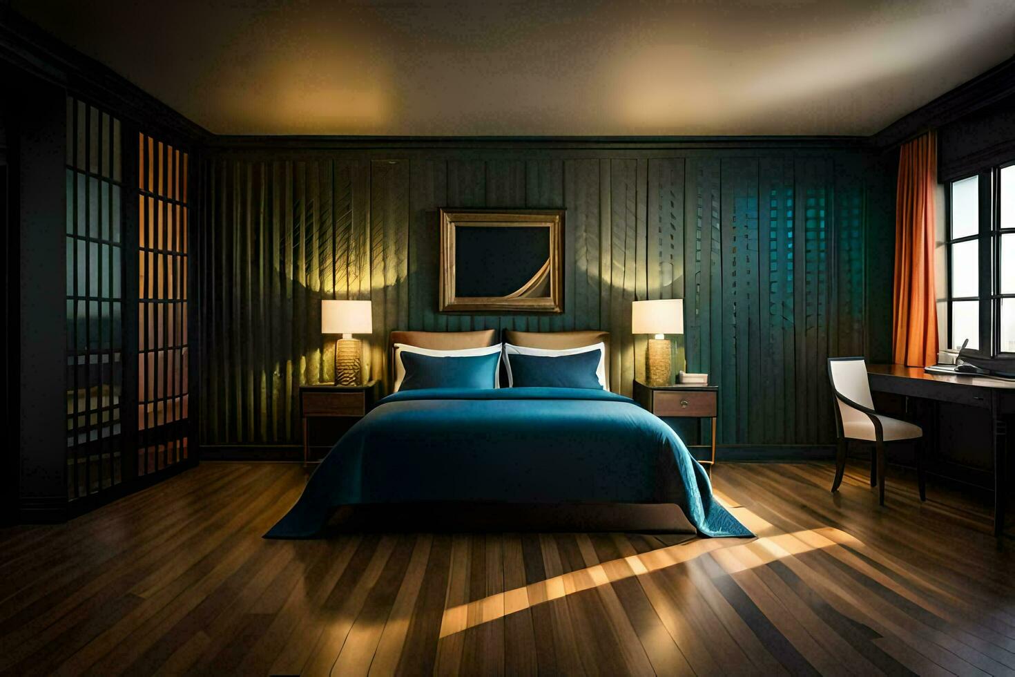 a bedroom with dark wood floors and a bed. AI-Generated photo