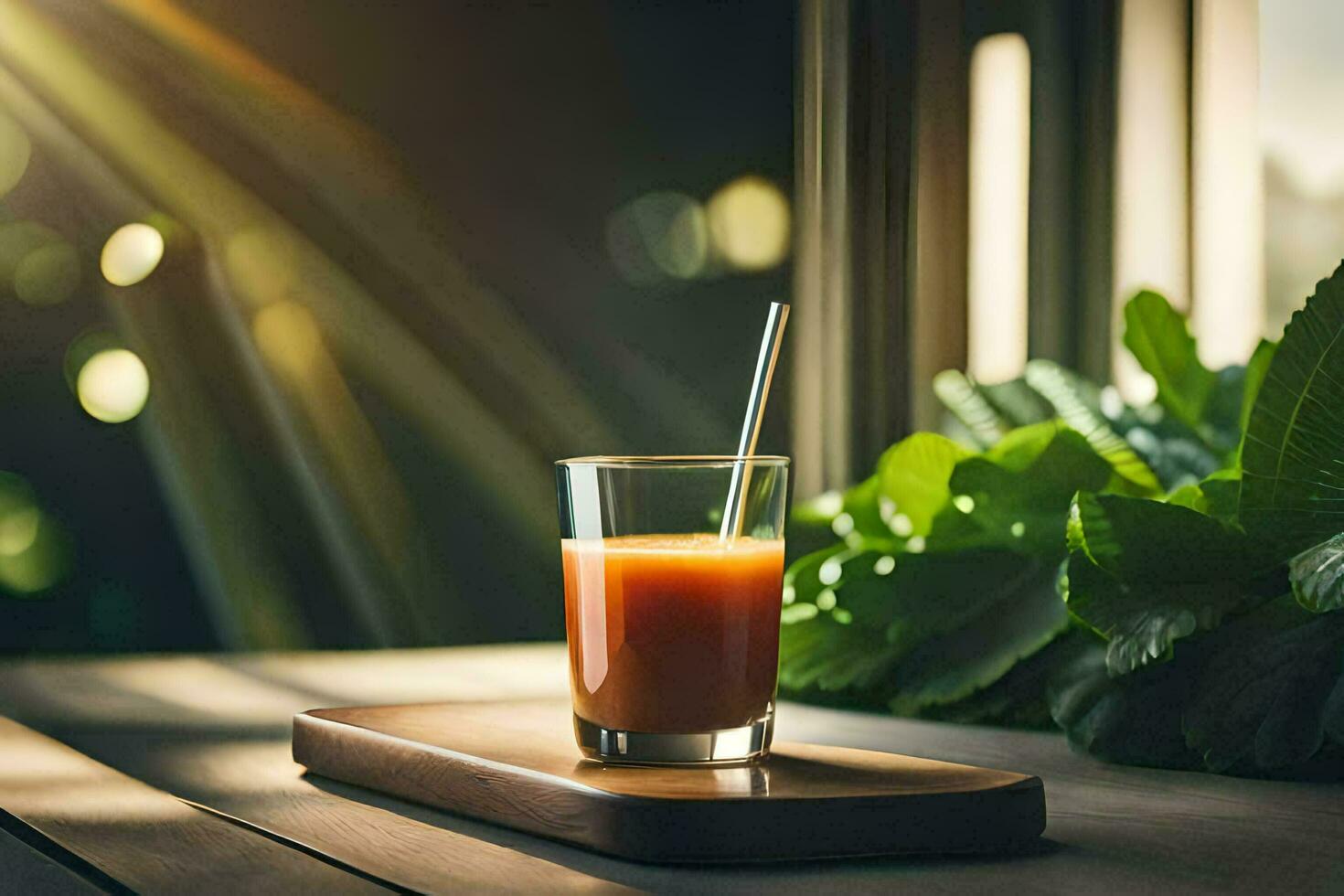 a glass of juice on a table with a plant. AI-Generated photo