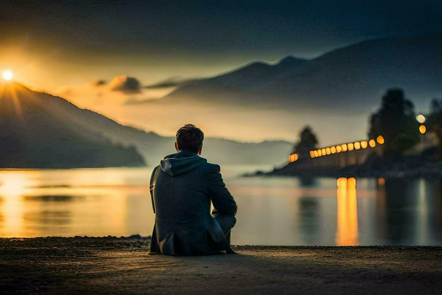 un hombre sentado en el apuntalar de un lago a puesta de sol. generado por ai foto