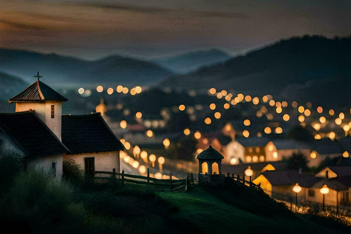 photo wallpaper the sky, the sky, the mountains, the village, the church, the light. AI-Generated
