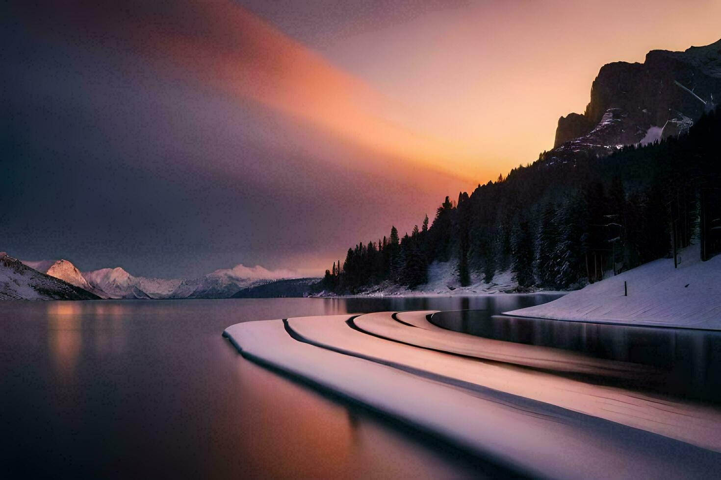 a long exposure photograph of a lake in the mountains. AI-Generated photo
