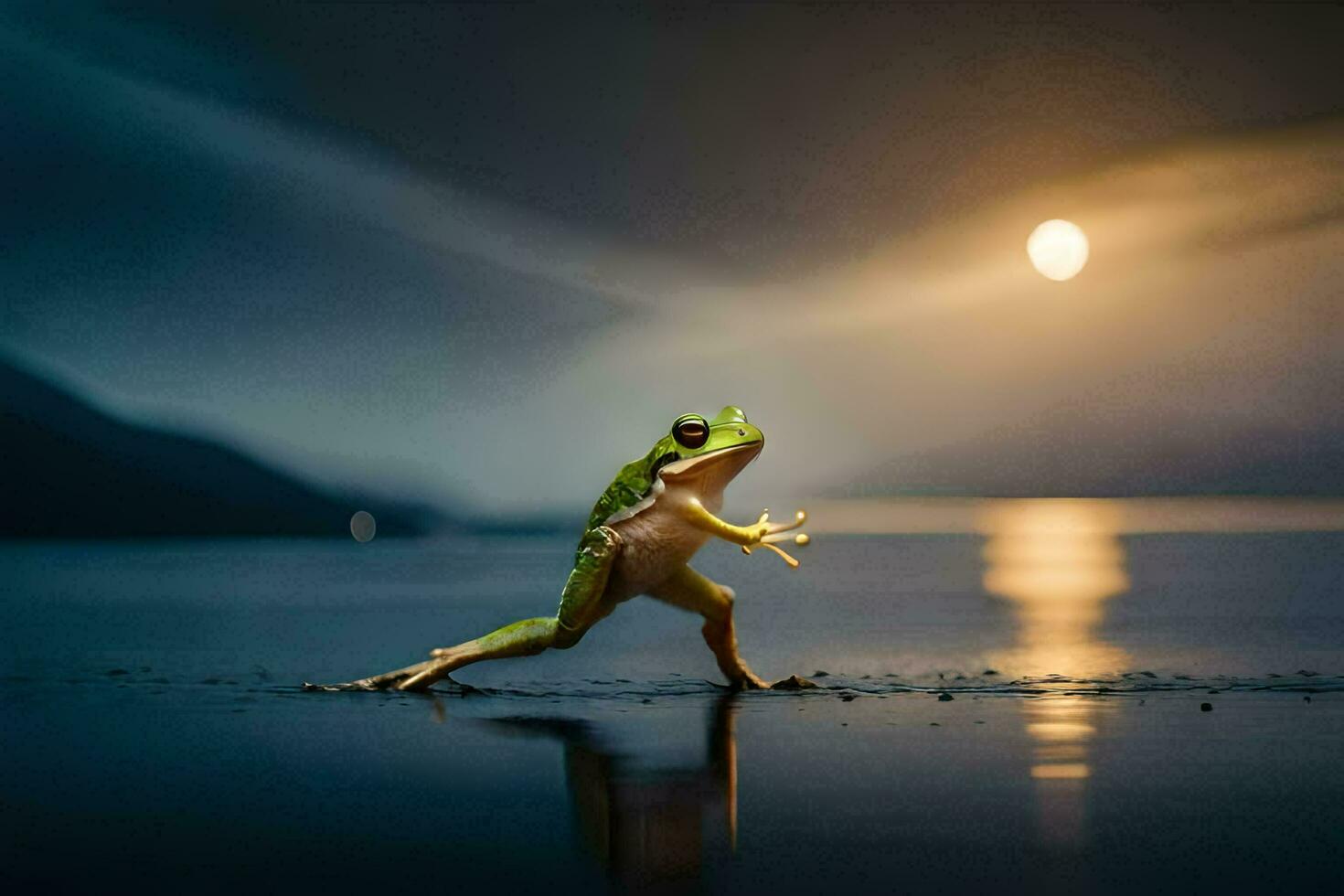 a frog standing on its hind legs in front of the moon. AI-Generated photo