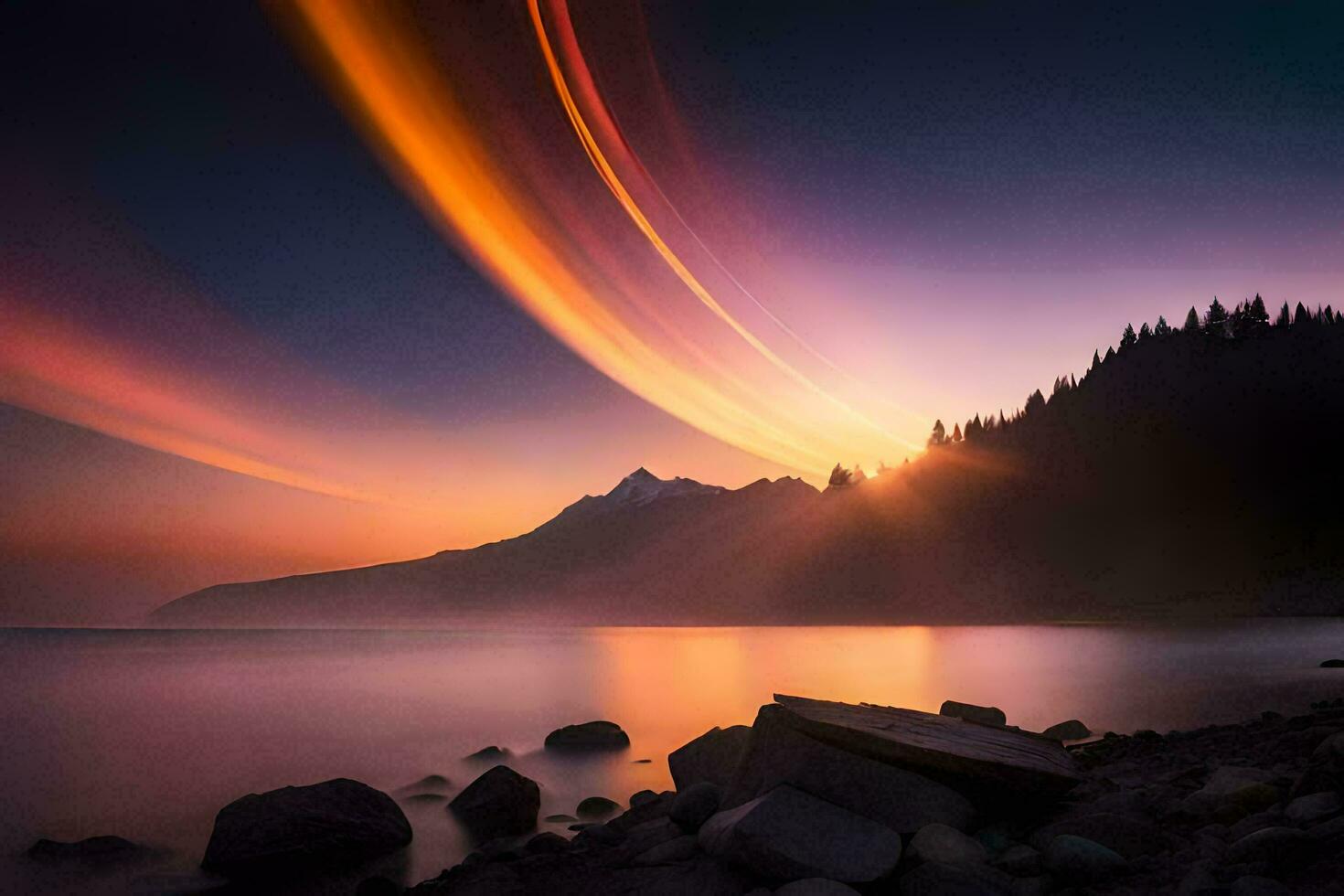 the sun is setting over a lake and mountains. AI-Generated photo