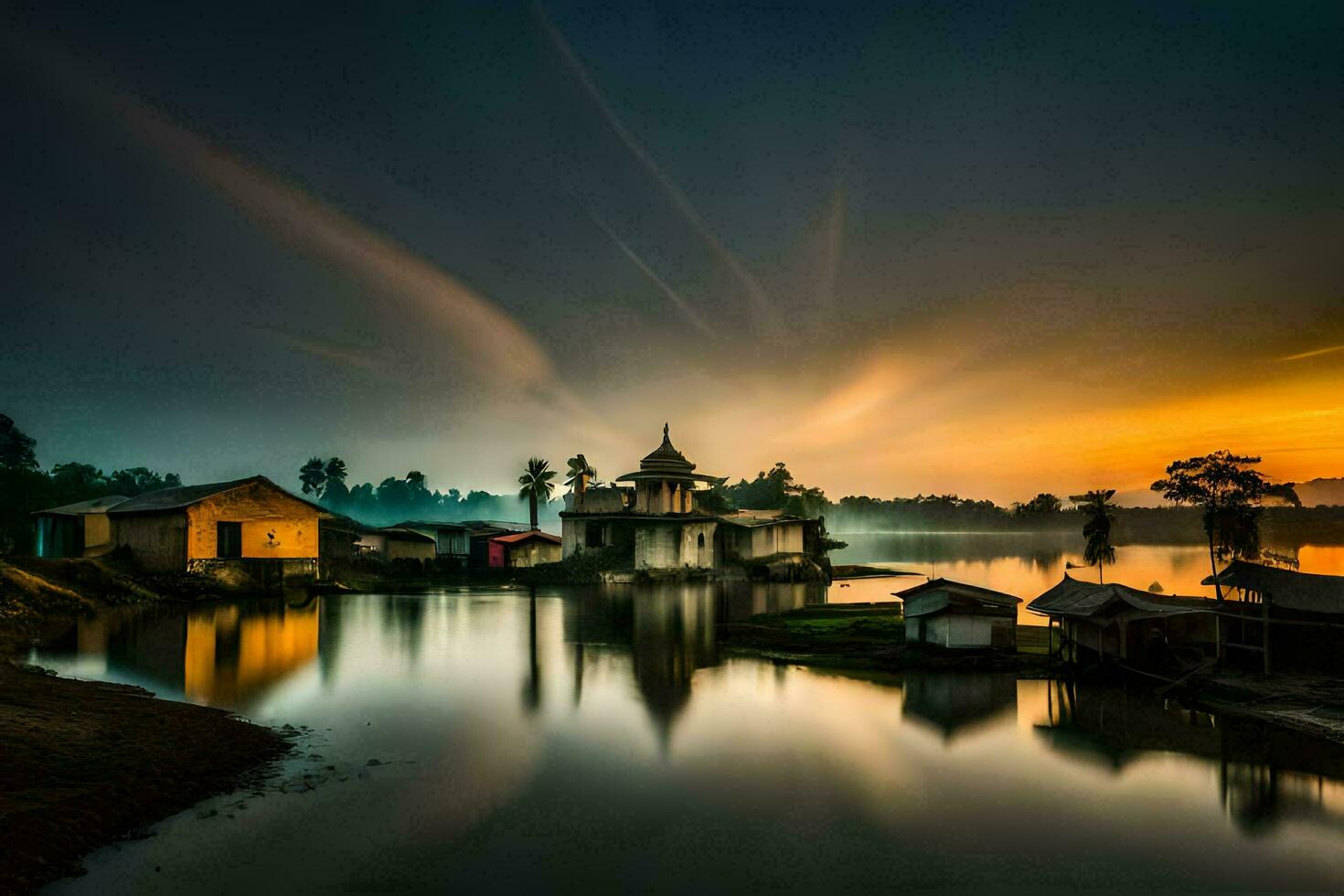 a beautiful sunrise over a lake with houses in the background. AI-Generated photo