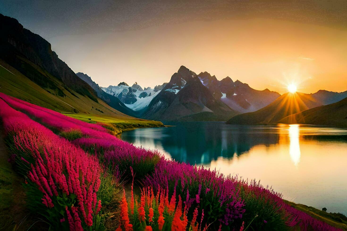the sun rises over the mountains and flowers in the foreground. AI-Generated photo