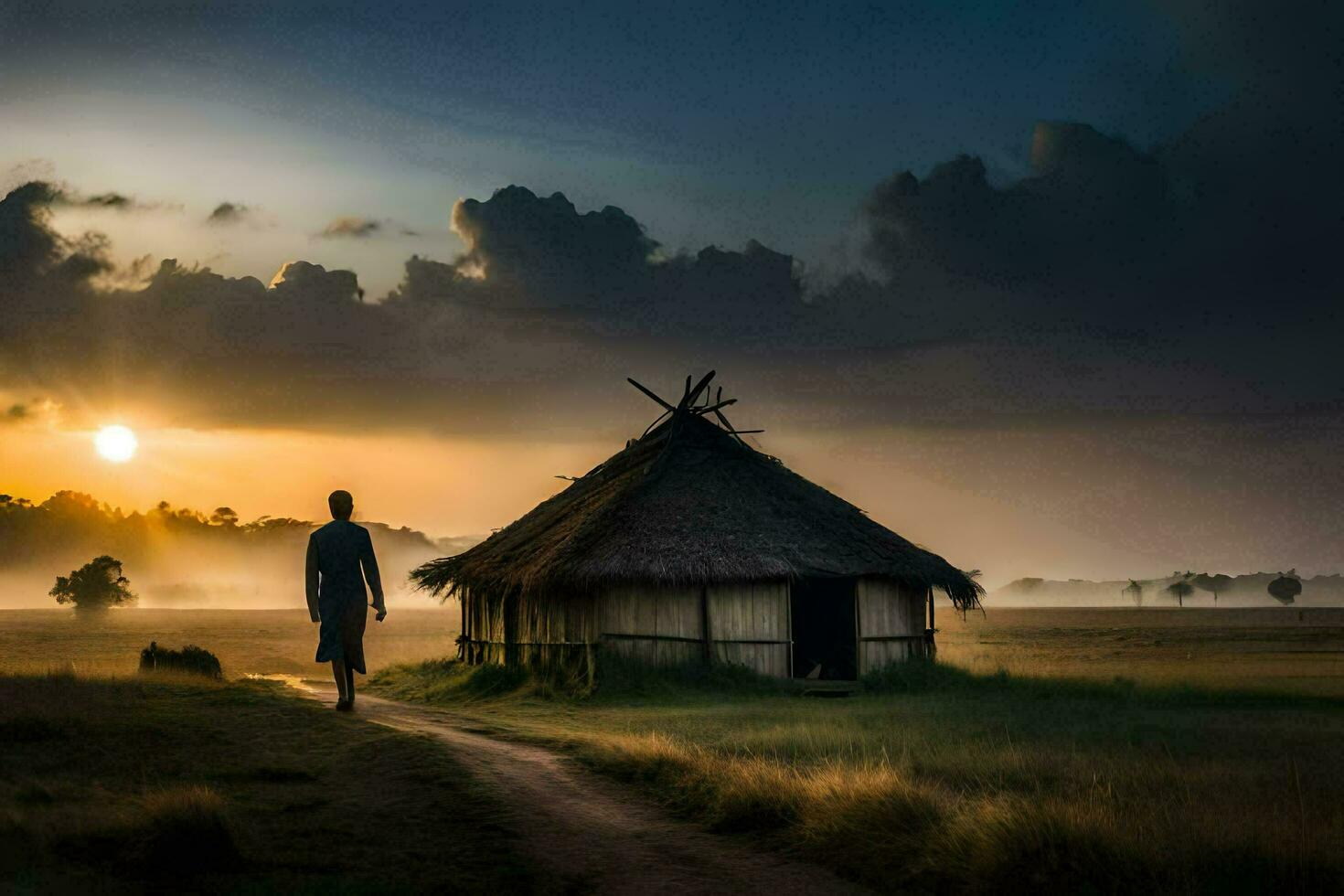 the man is walking towards a hut in the middle of a field. AI-Generated photo
