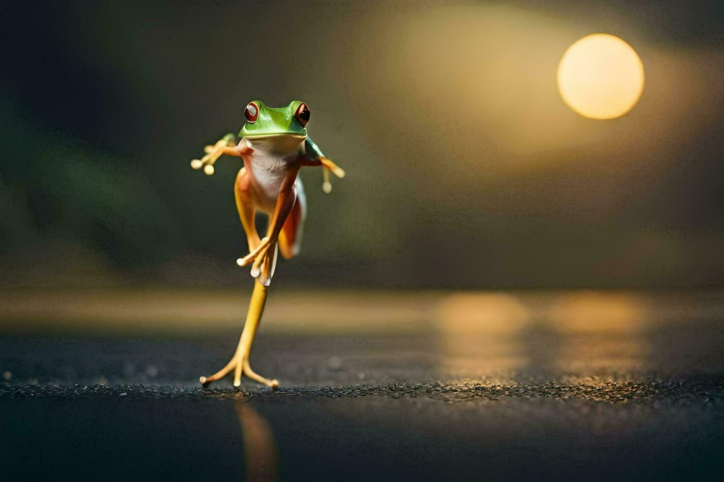 a frog is standing on its legs in the dark. AI-Generated photo