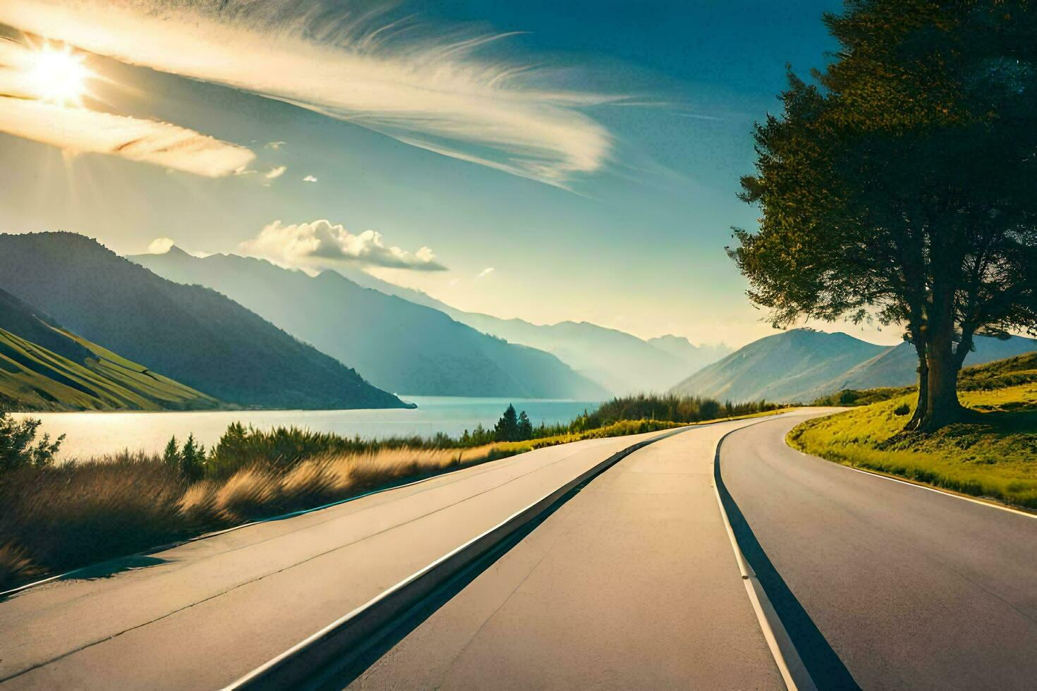 a road with mountains in the background. AI-Generated photo