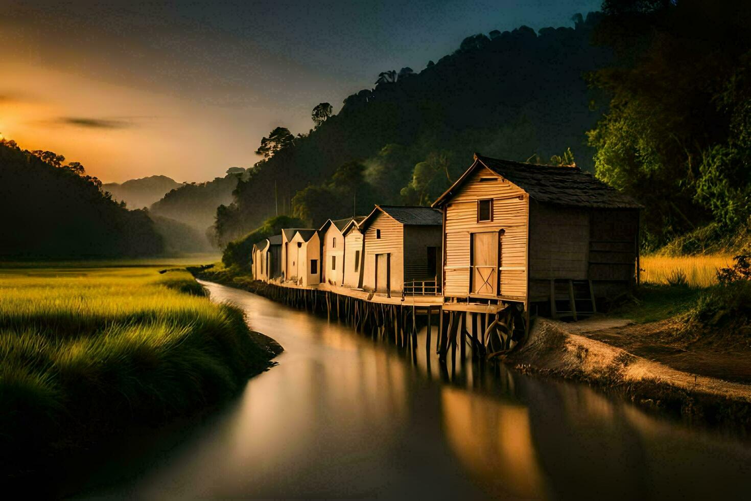 a river runs through a small village at sunset. AI-Generated photo