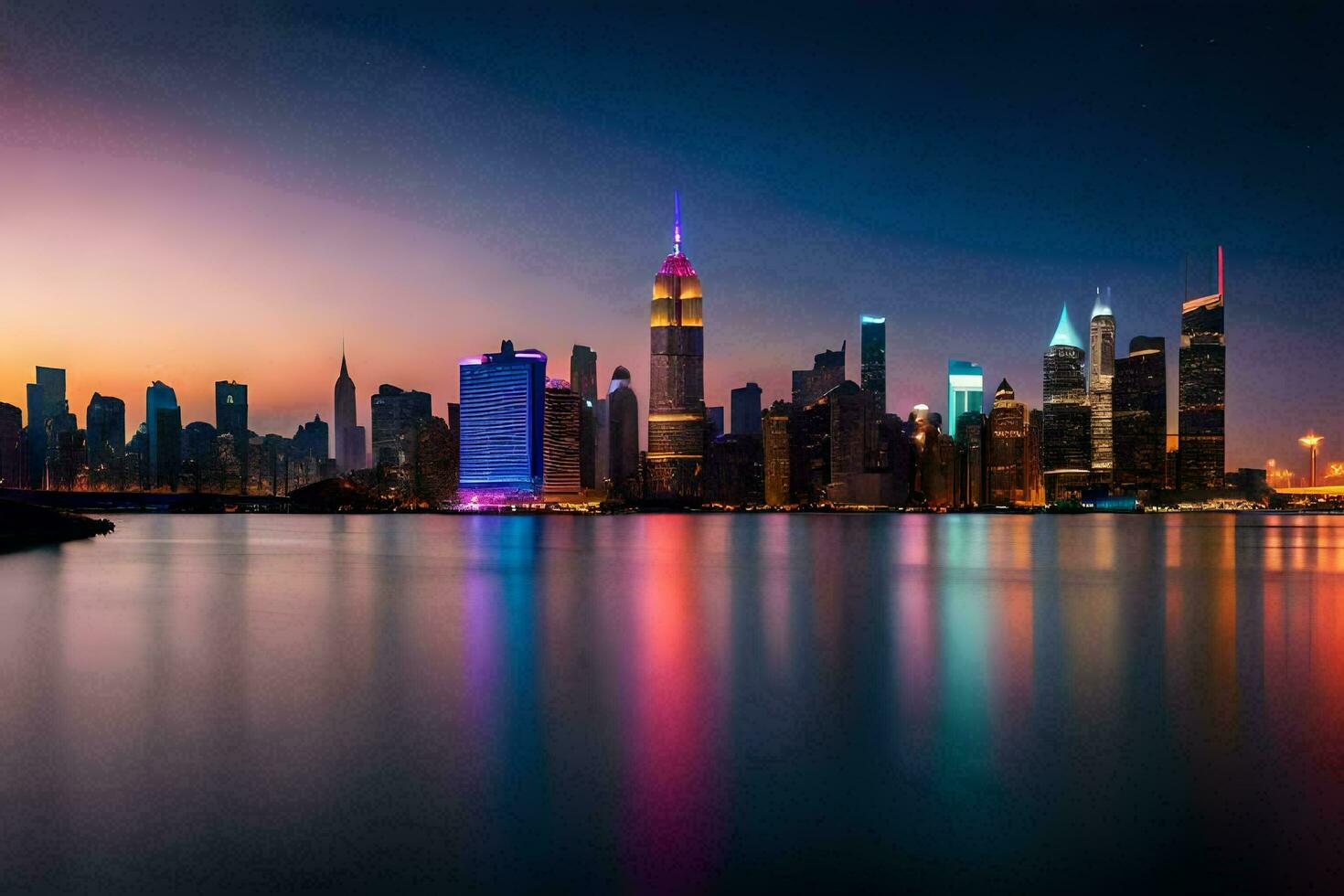 el ciudad horizonte a noche con el agua reflejando generado por ai foto