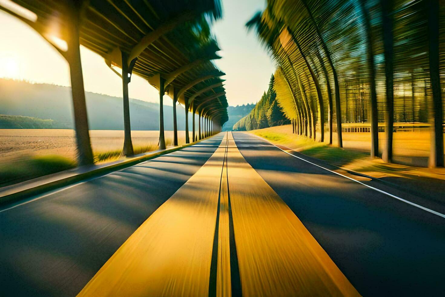 a blurry image of a road with trees and a yellow line. AI-Generated photo